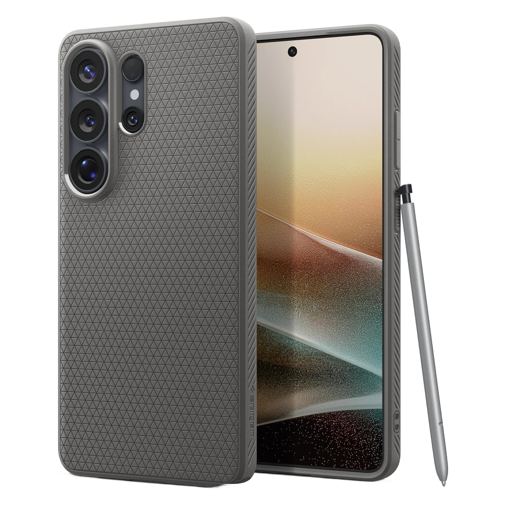 Grijze telefoonhoes met textuur naast een smartphone met stylus.