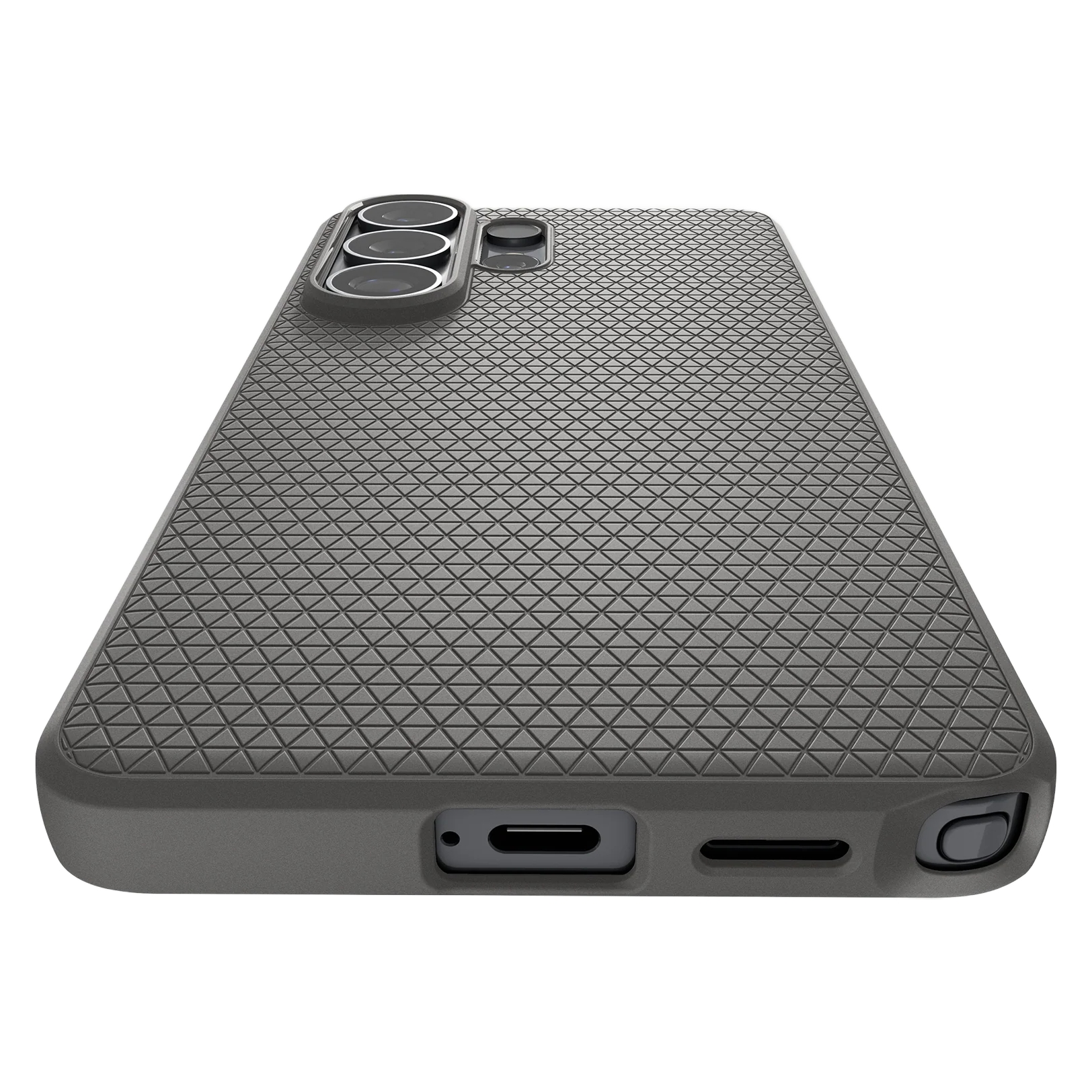 Grijze telefoonhoes met drievoudige camera en ruitpatroon.
