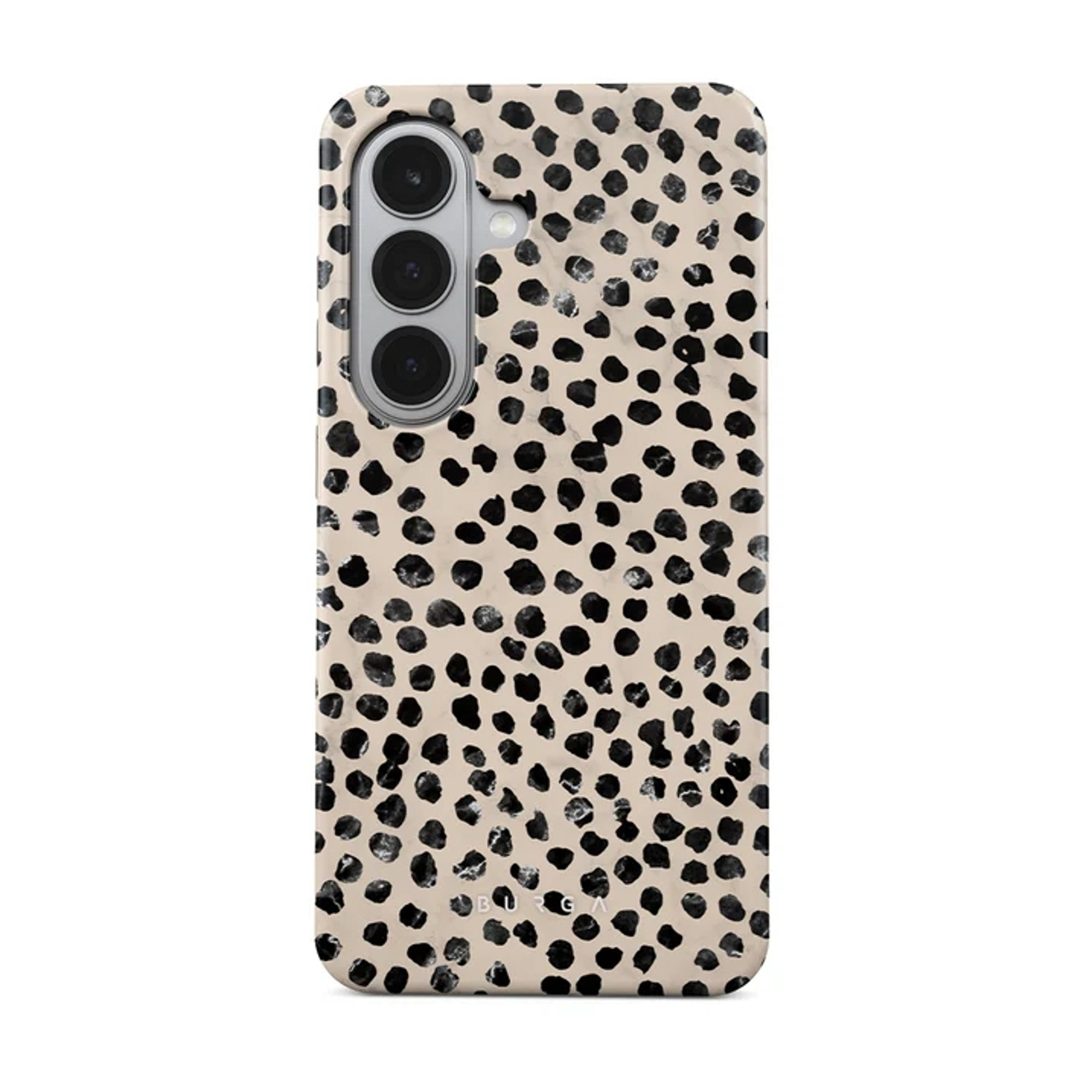 Een telefoonhoesje met zwart gestippeld patroon op beige achtergrond.