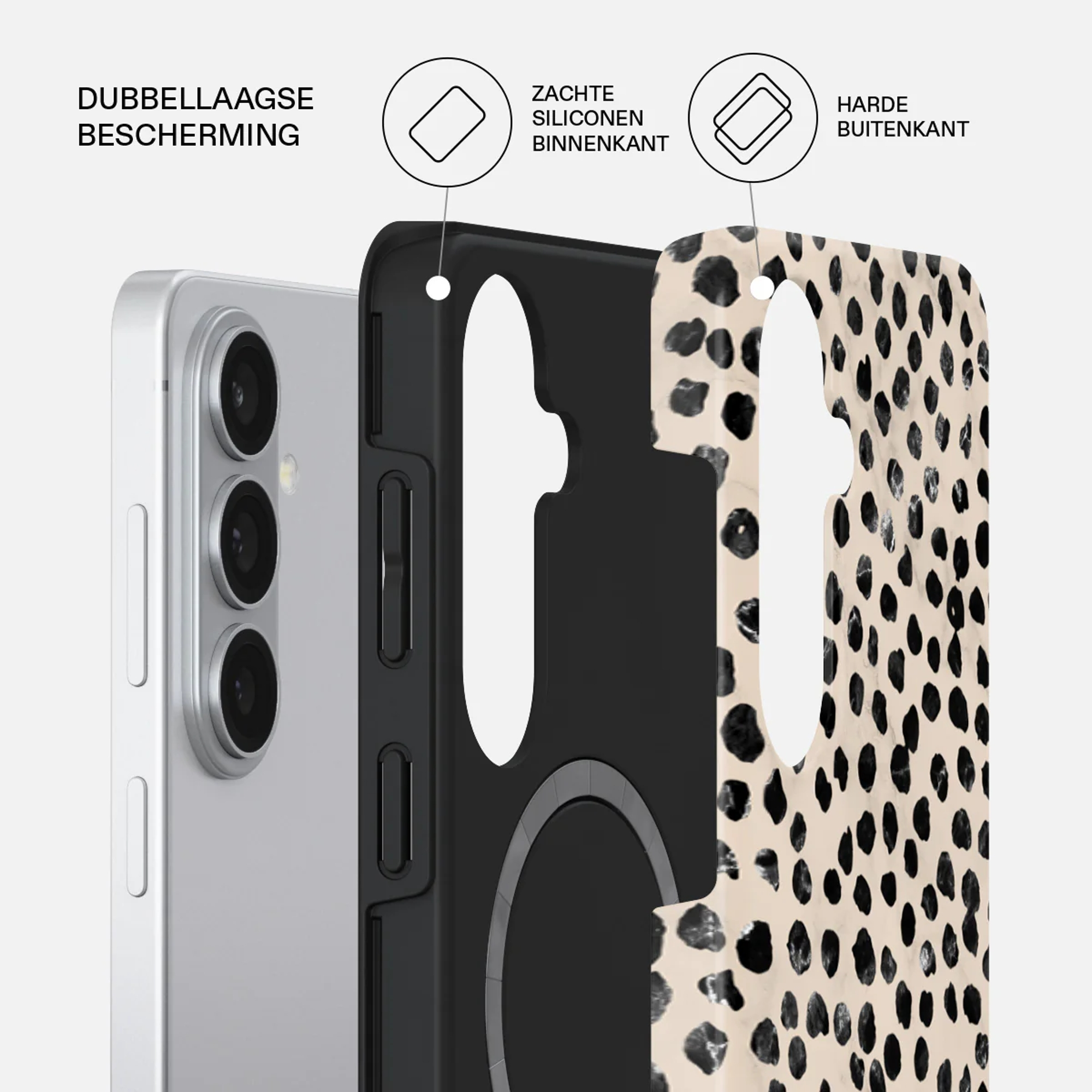 Een telefoon met een hoesje met luipaardprint, die de beschermende lagen toont.