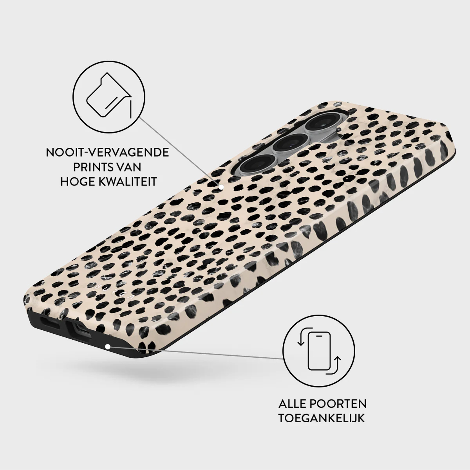 Telefoonhoes met luipaardprint en cameralensuitsparing, hoge kwaliteit.