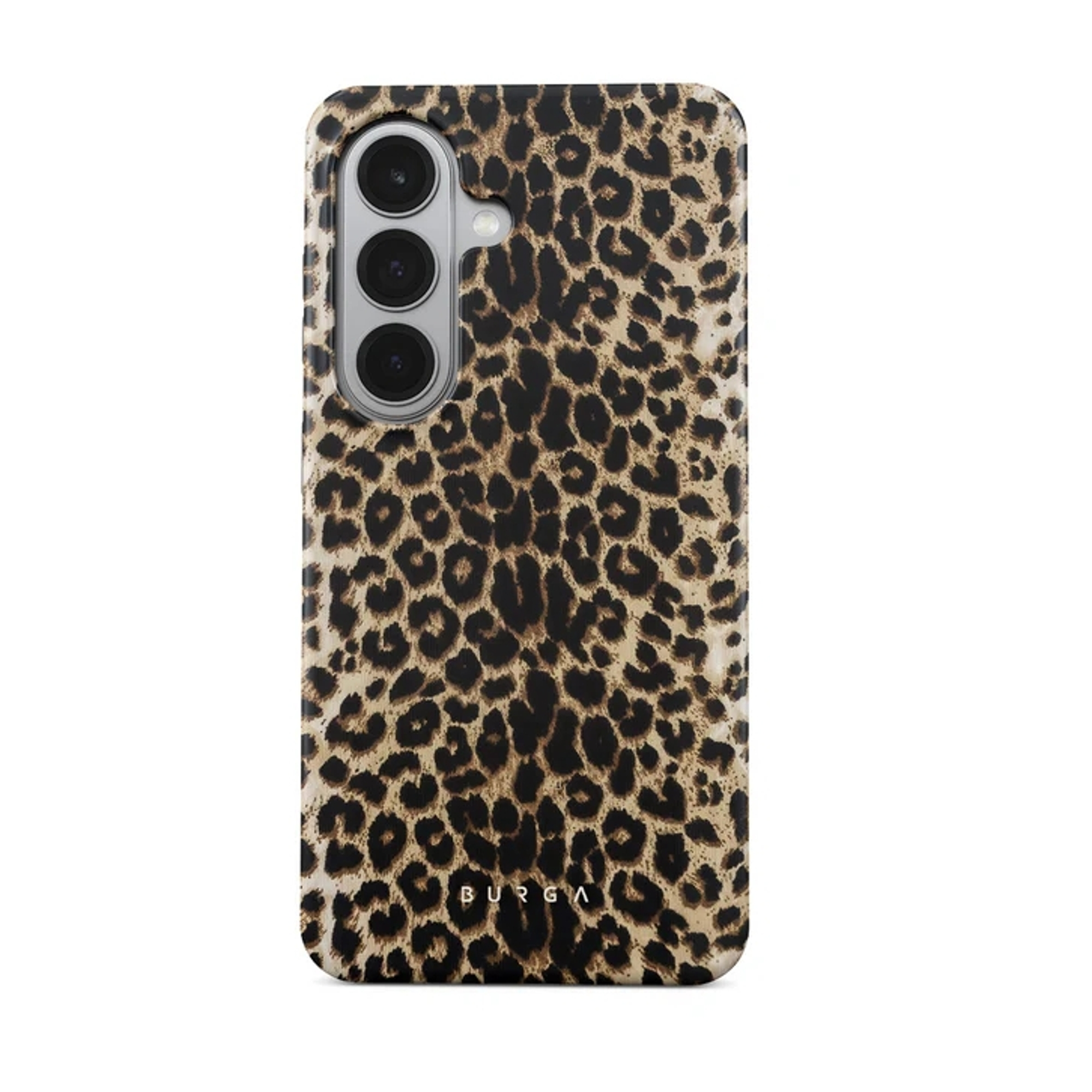 Een telefoonhoesje met luipaardprint en drievoudige cameralens.