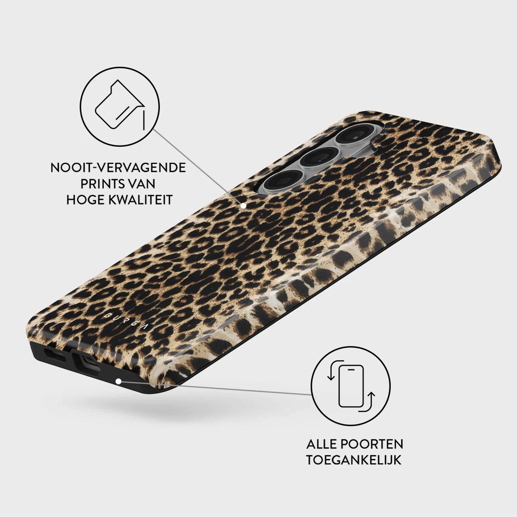 Telefoonhoesje met luipaardprint, camerauitsparing en poorttoegang.