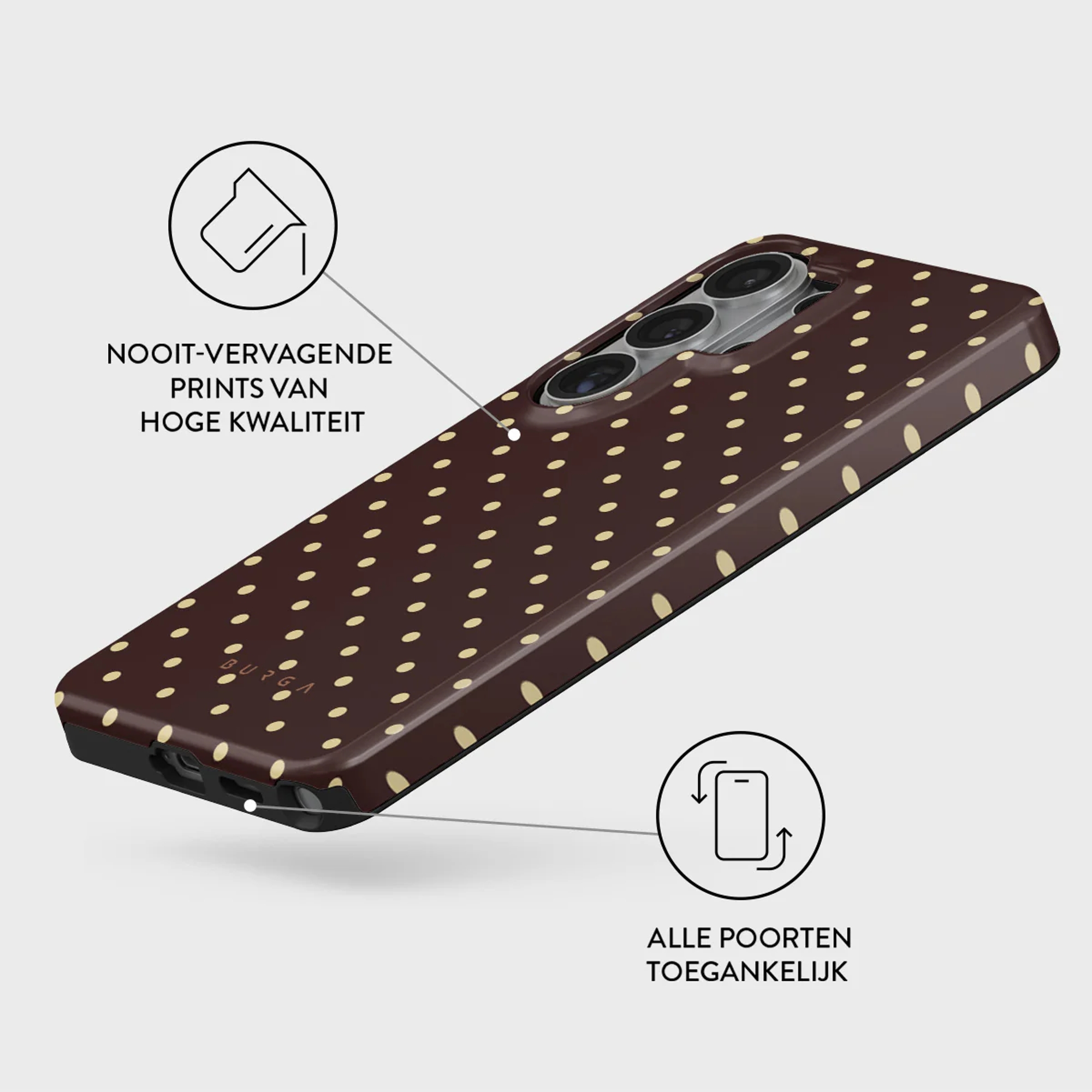 Bruine telefoonhoes met gele stippen en camerauitsparing. Alle poorten toegankelijk.