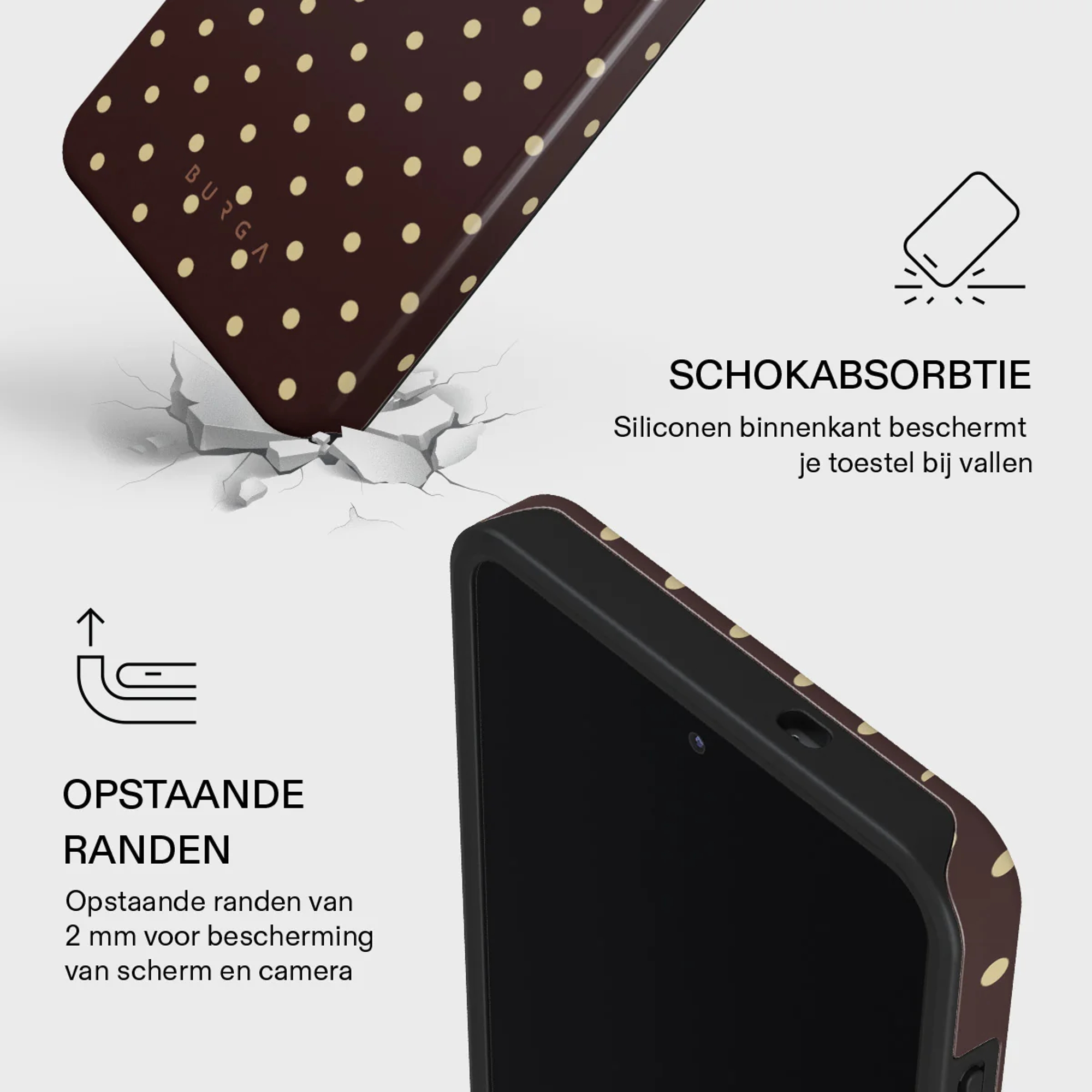 Bruine telefoonhoes met stippen, schokabsorberend, verhoogde randen.