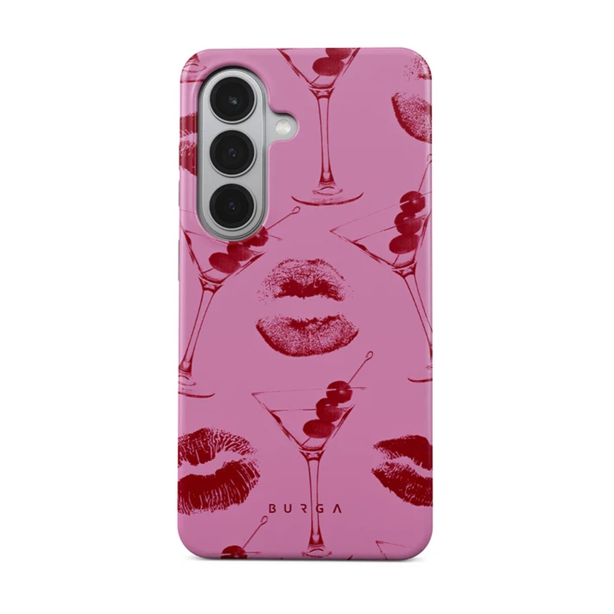 Een roze telefoonhoes met rode lippenstiftkusafdrukken en martiniglazen.