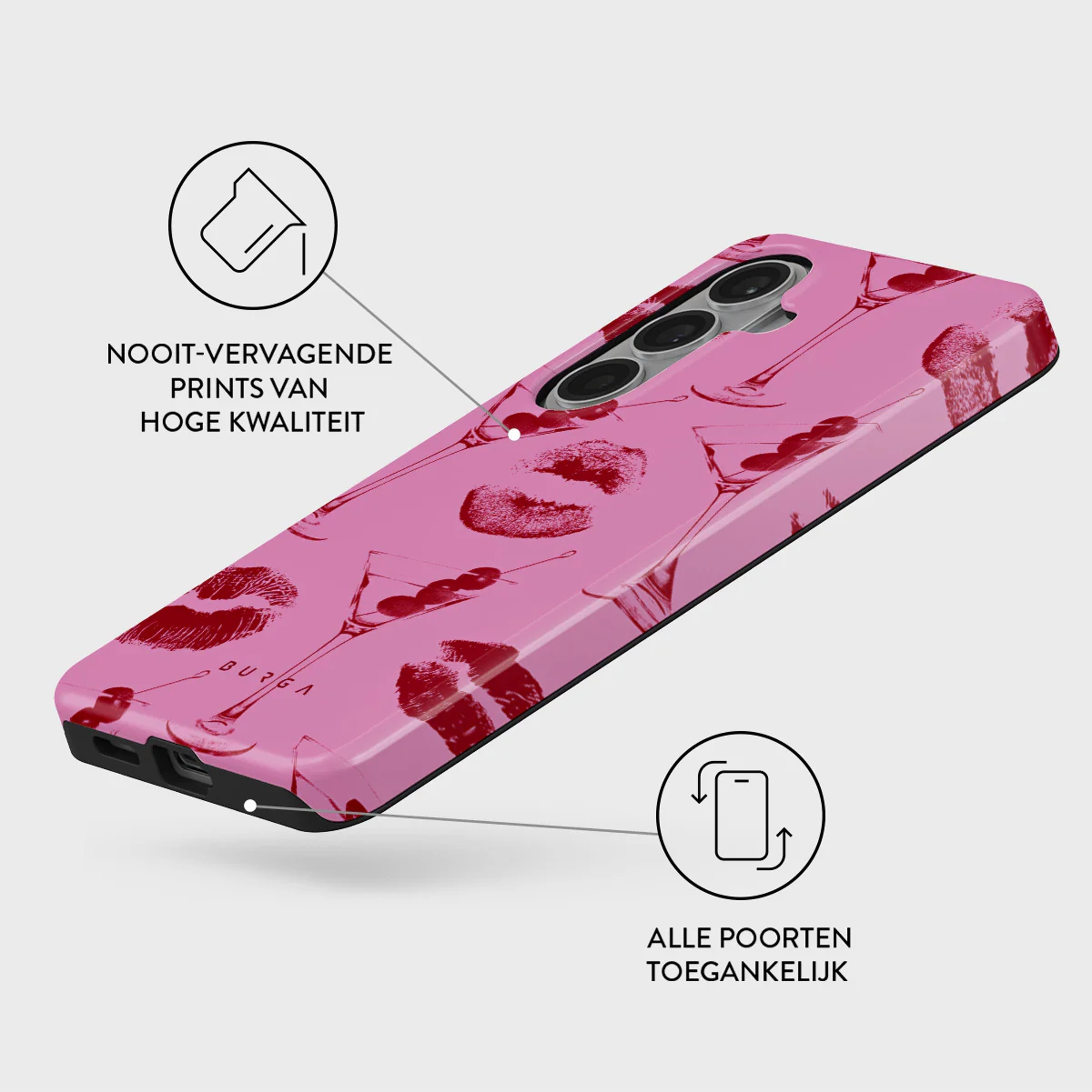 Een roze telefoonhoesje met rode lippenstiftkusjes en cocktailglazen.