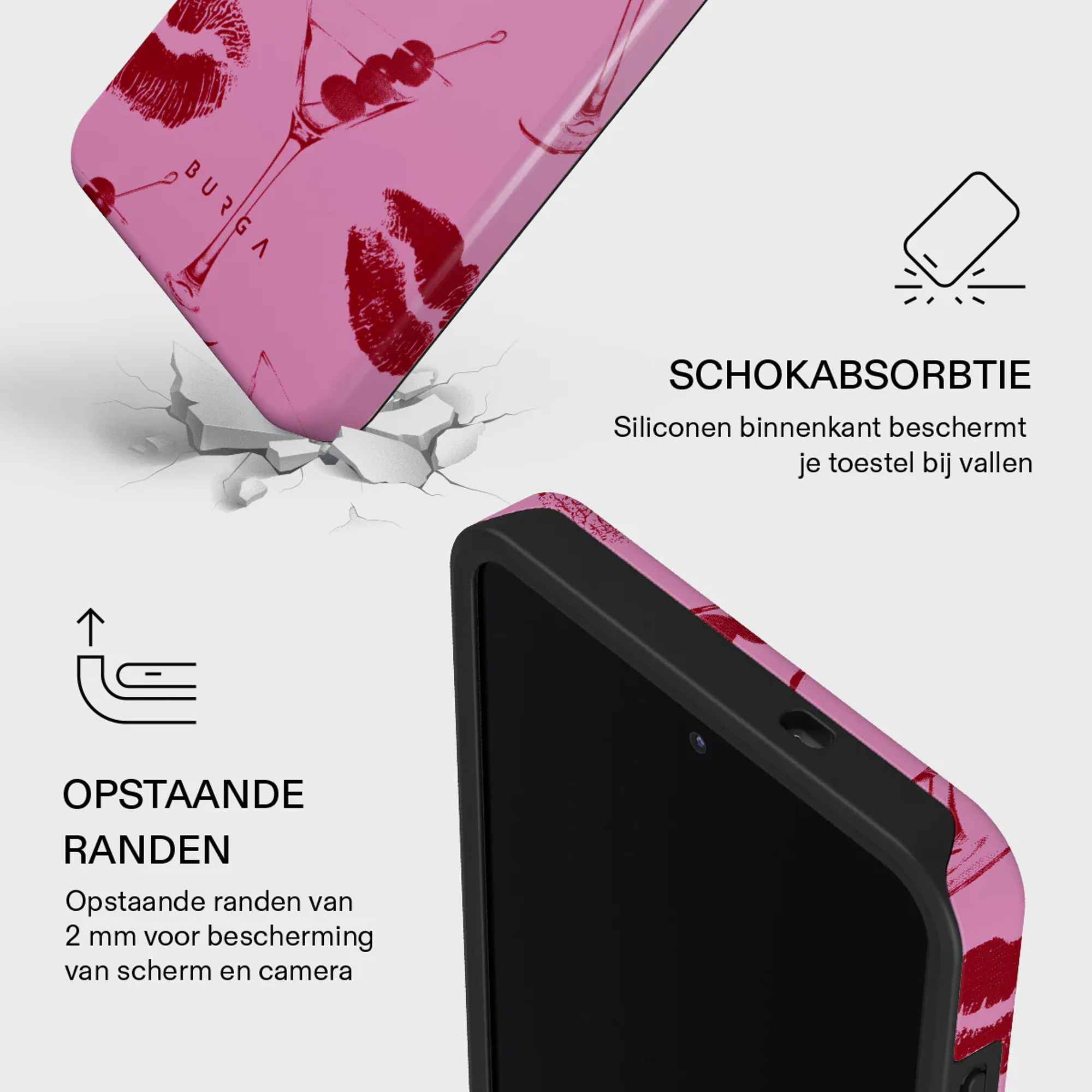 Roze telefoonhoes met rode lippenstiftafdrukken en martini glas design. Schokabsorberend.