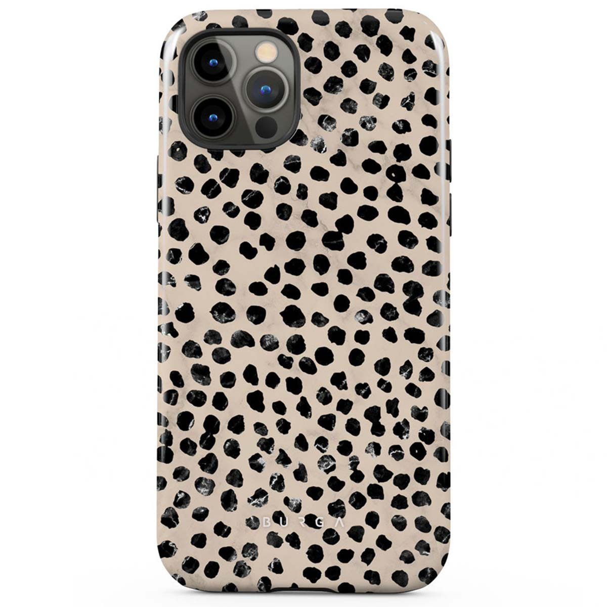 Een telefoon met een dalmatierachtig patroon op een beige achtergrond. De camera zit linksboven.