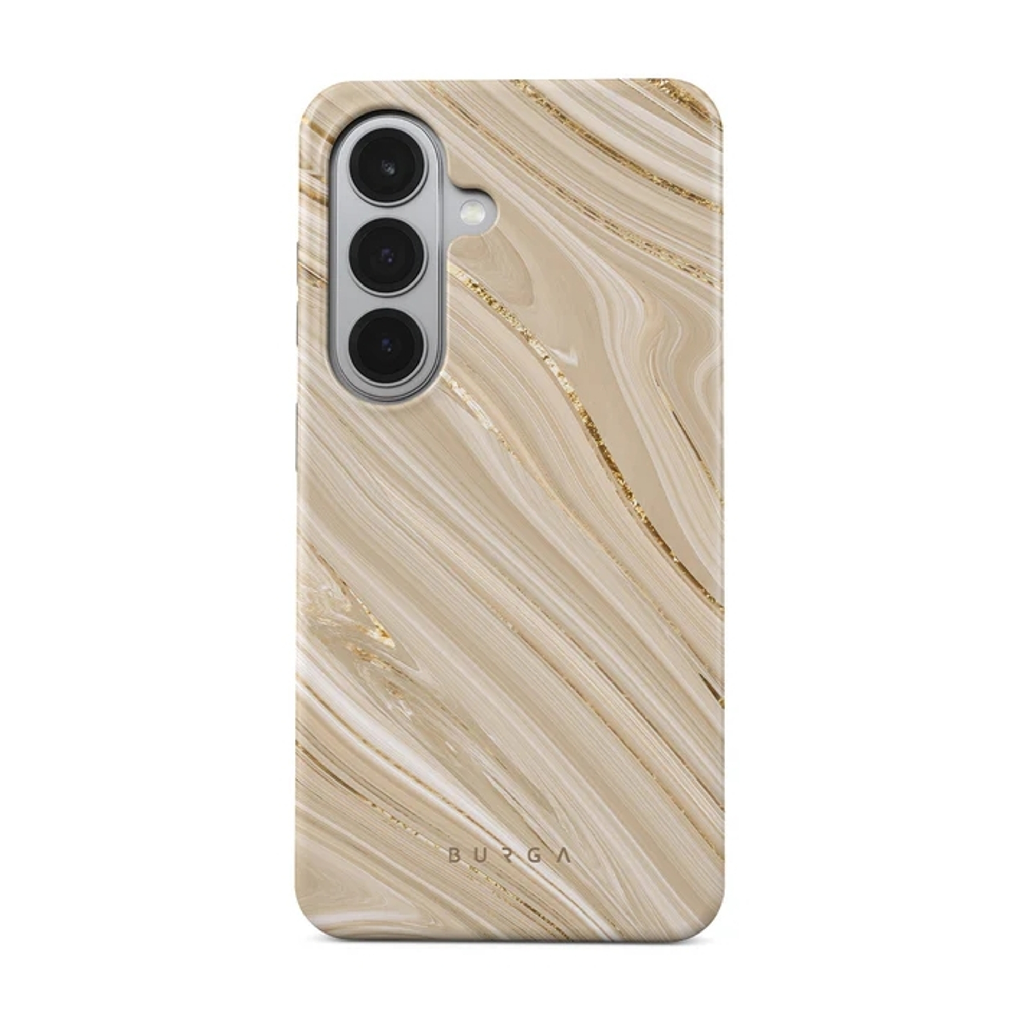 Telefoonhoesje met beige en goud marmerpatroon, met drie cameralenzen.