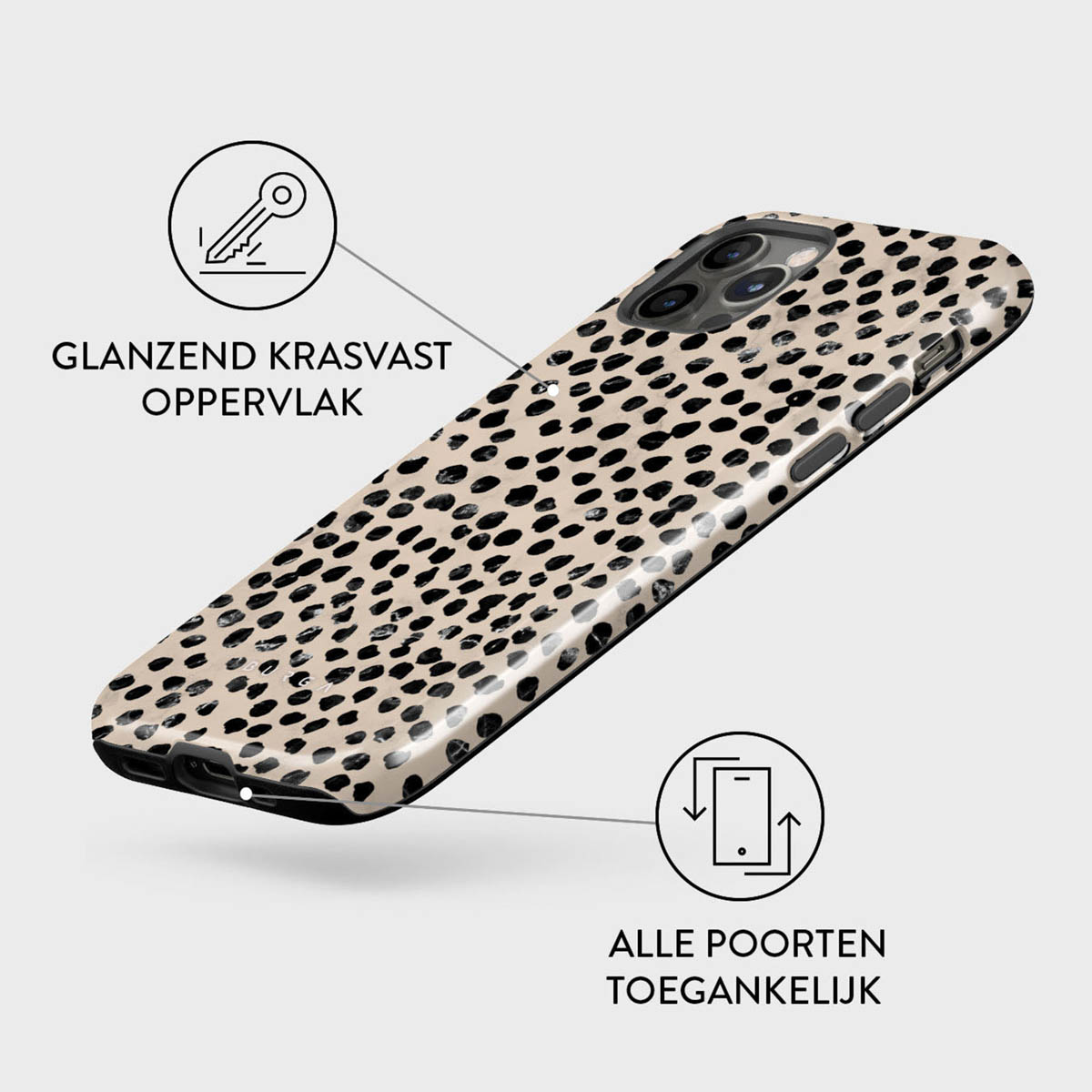 Telefoonhoesje met luipaardprint, glad en krasbestendig, alle poorten toegankelijk.