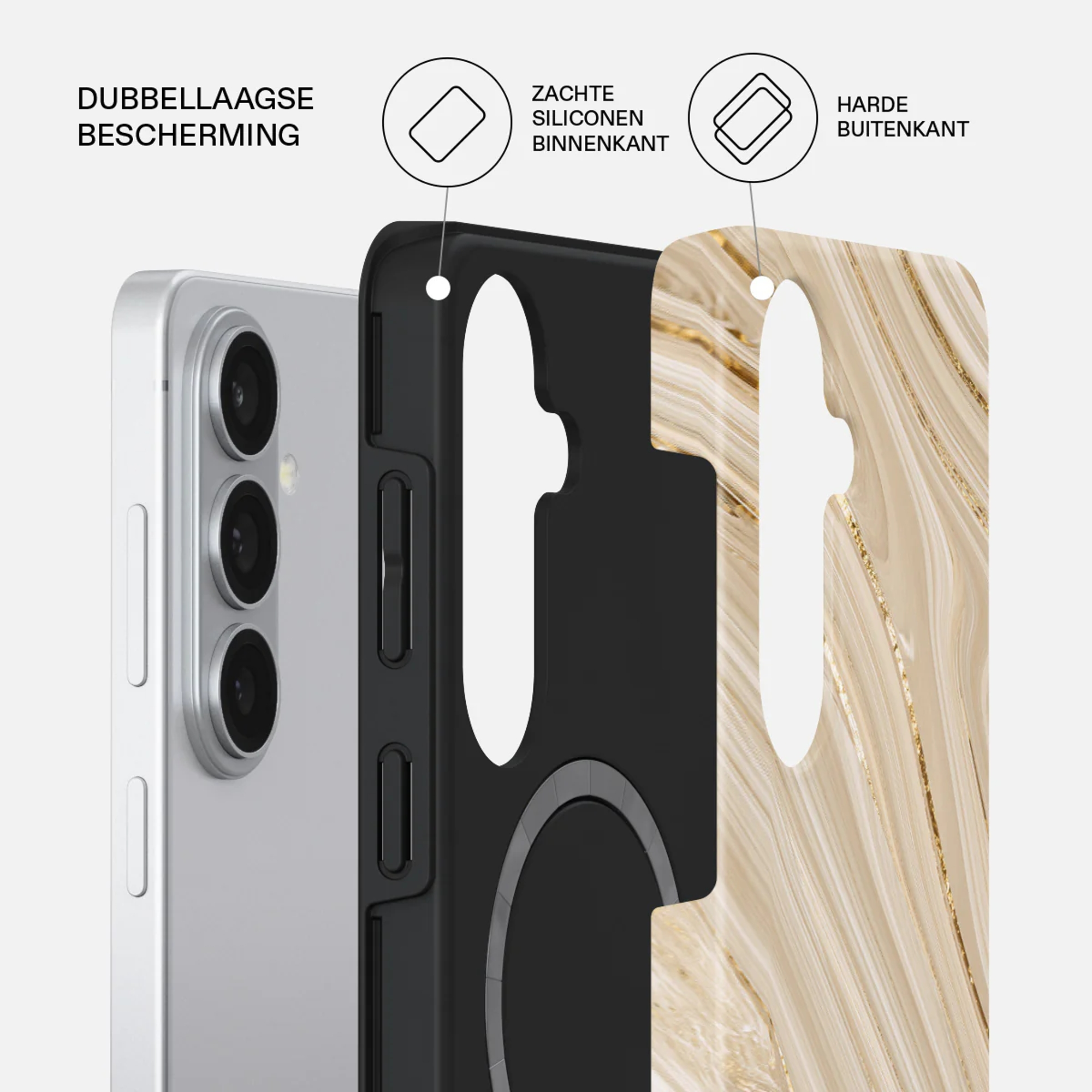 Tweelaagse telefoonhoes met marmerpatroon en siliconen binnenlaag.
