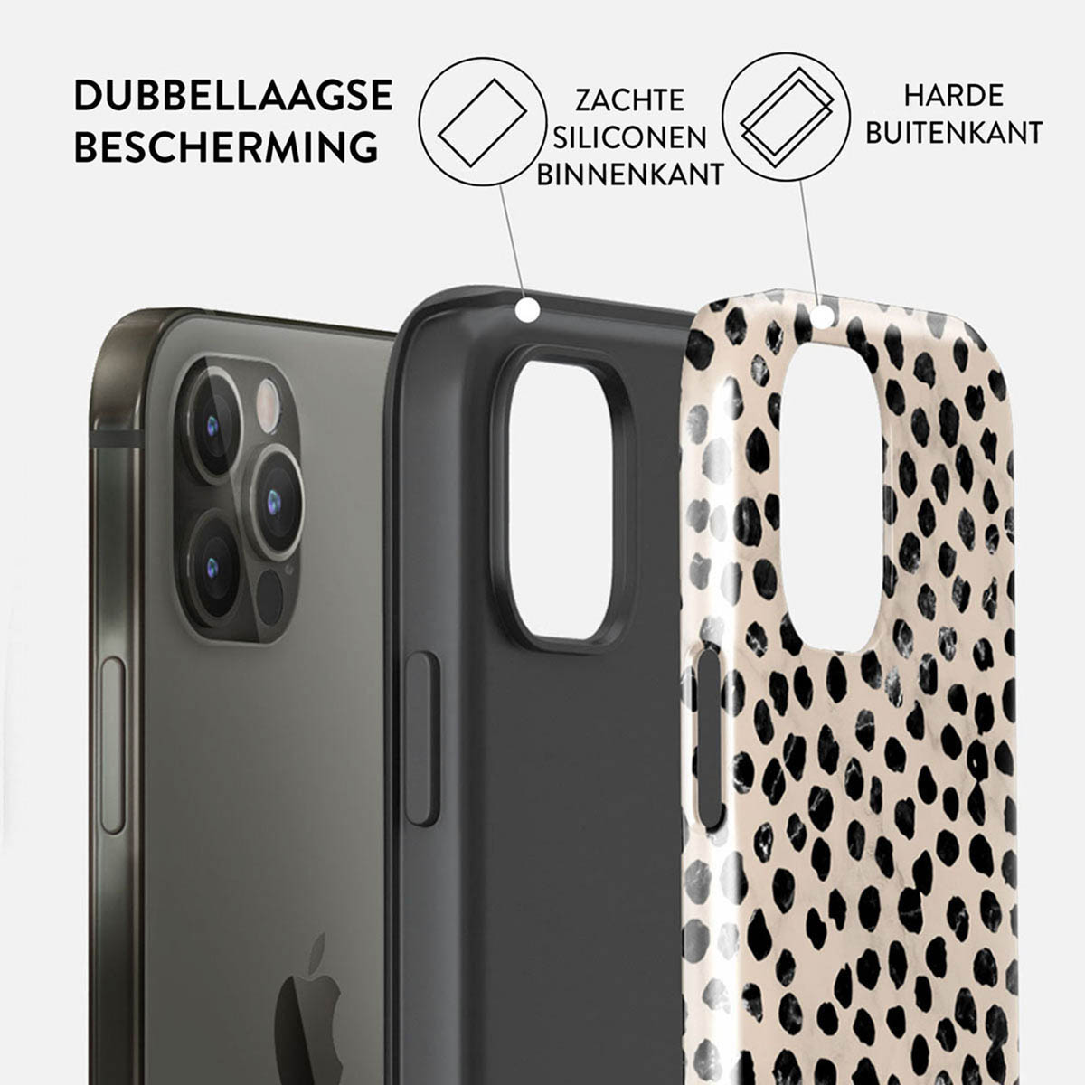 Tweelaagse telefoonhoes met luipaardprint en zwarte binnenkant.