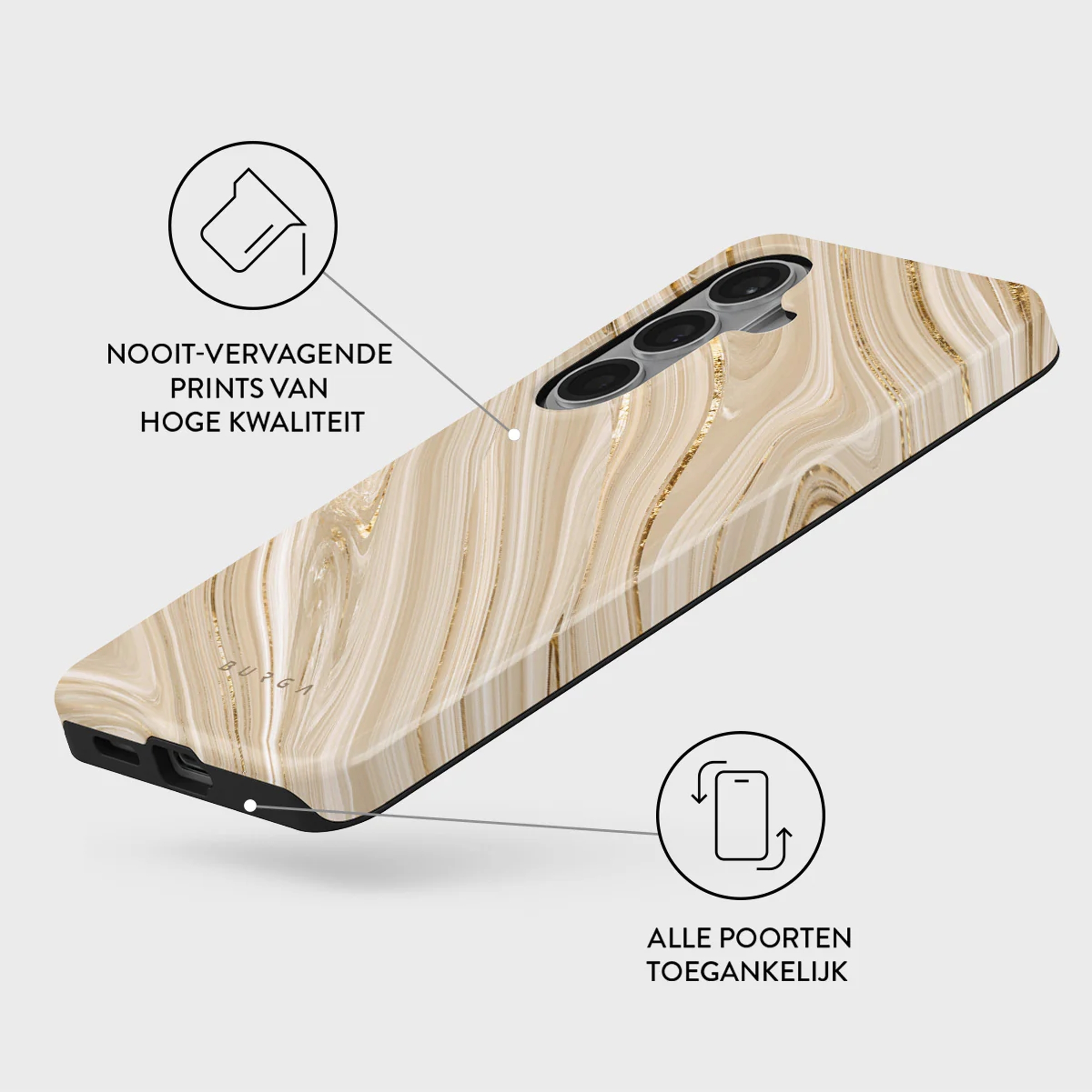 Telefoonhoes met beige en gouden marmerpatroon, met camera-uitsparing.