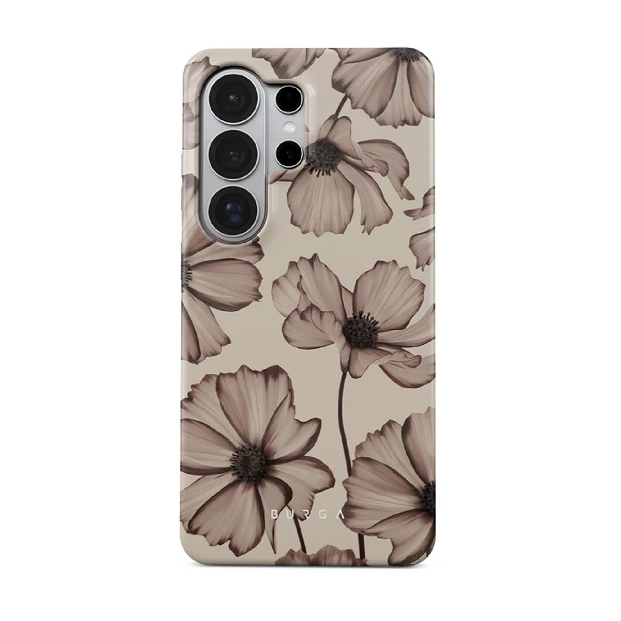 Een telefoonhoesje met een ingetogen bloemenpatroon op beige achtergrond.