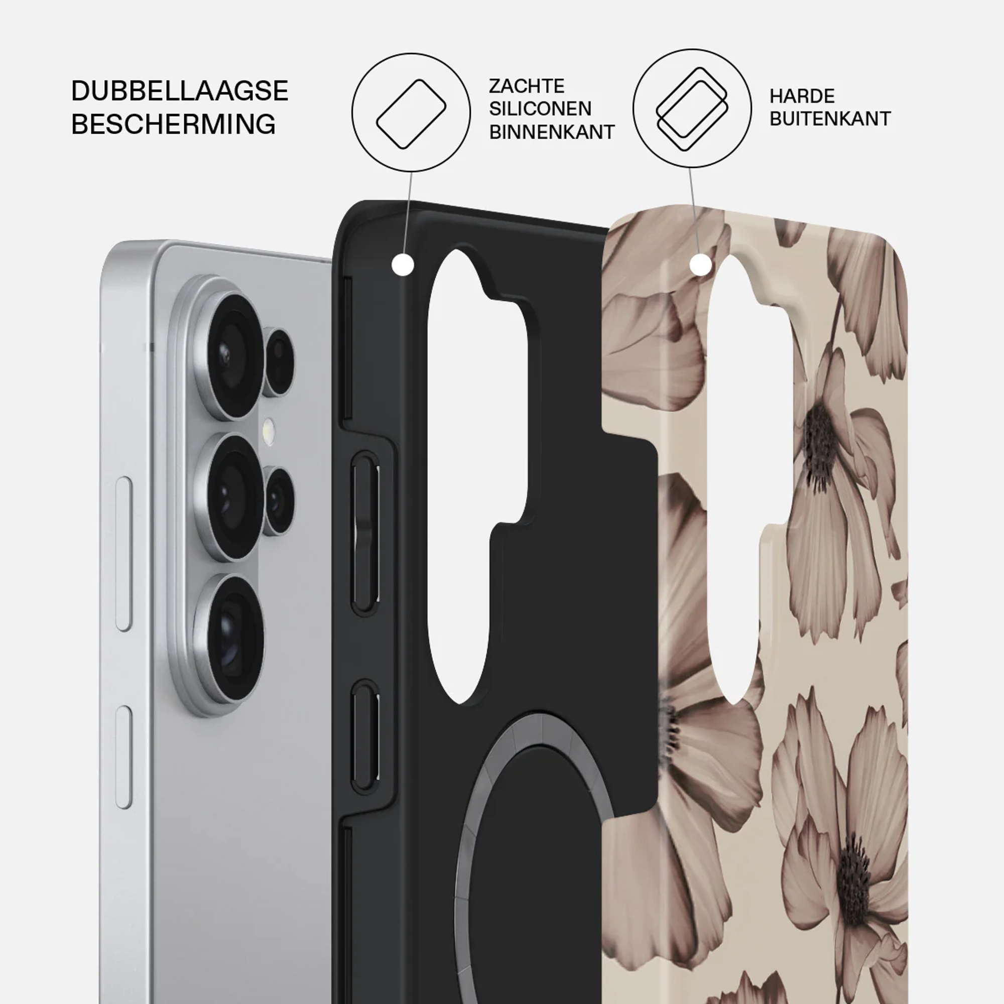 Een smartphone met camera-array naast een telefoonhoes met bloemenpatroon.
