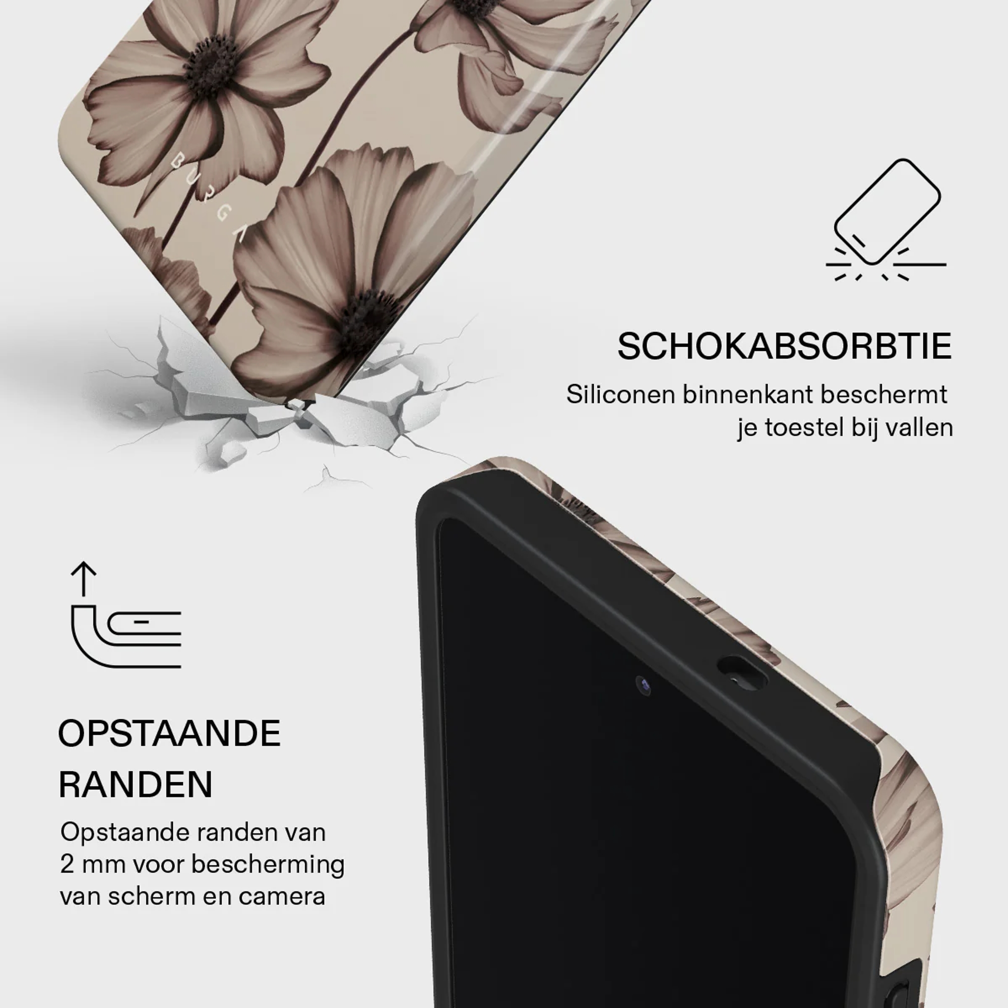 Telefoonhoes met bloemenpatroon, schokabsorberend en verhoogde randen.