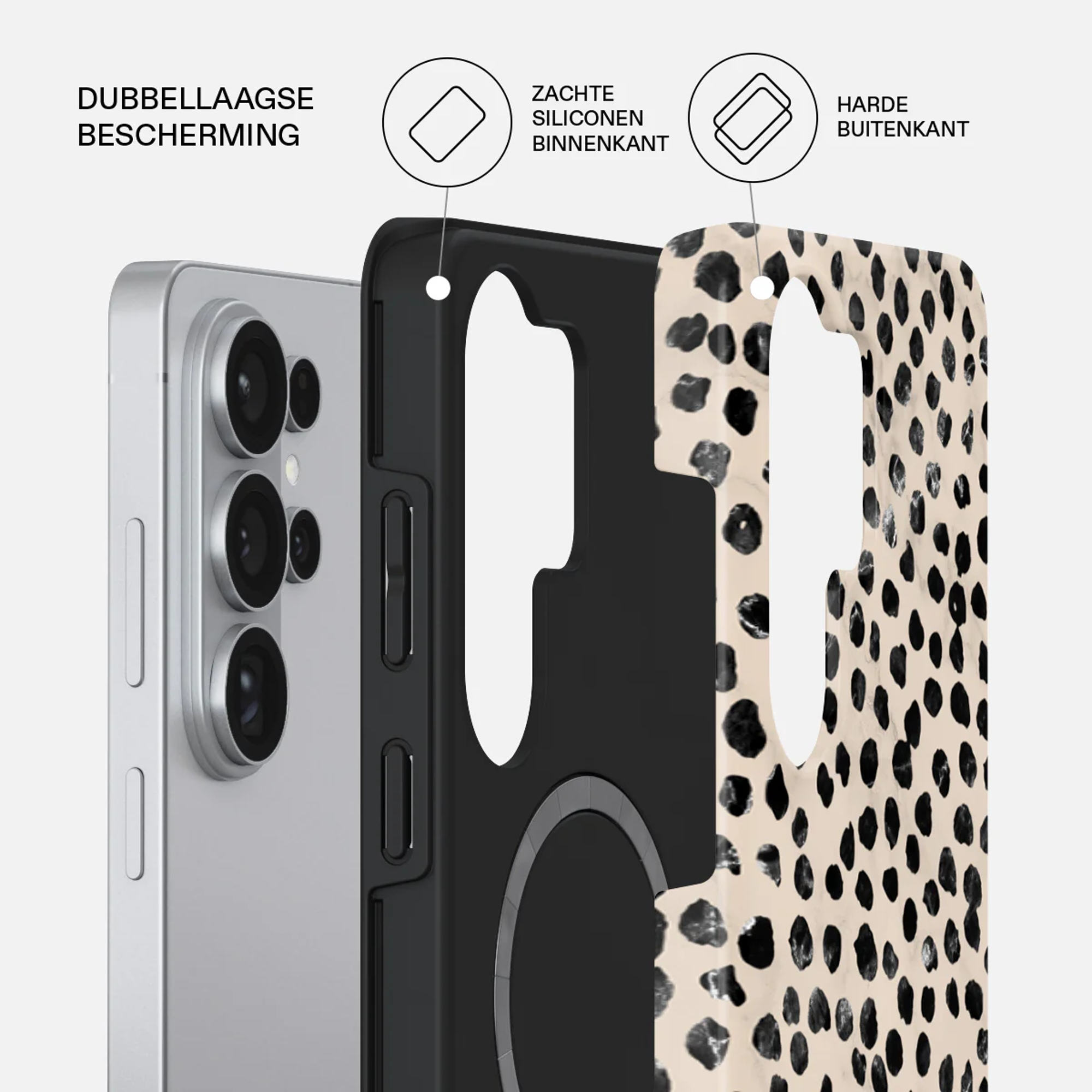 Een telefoon met hoesje met luipaardprint en dubbele bescherming.