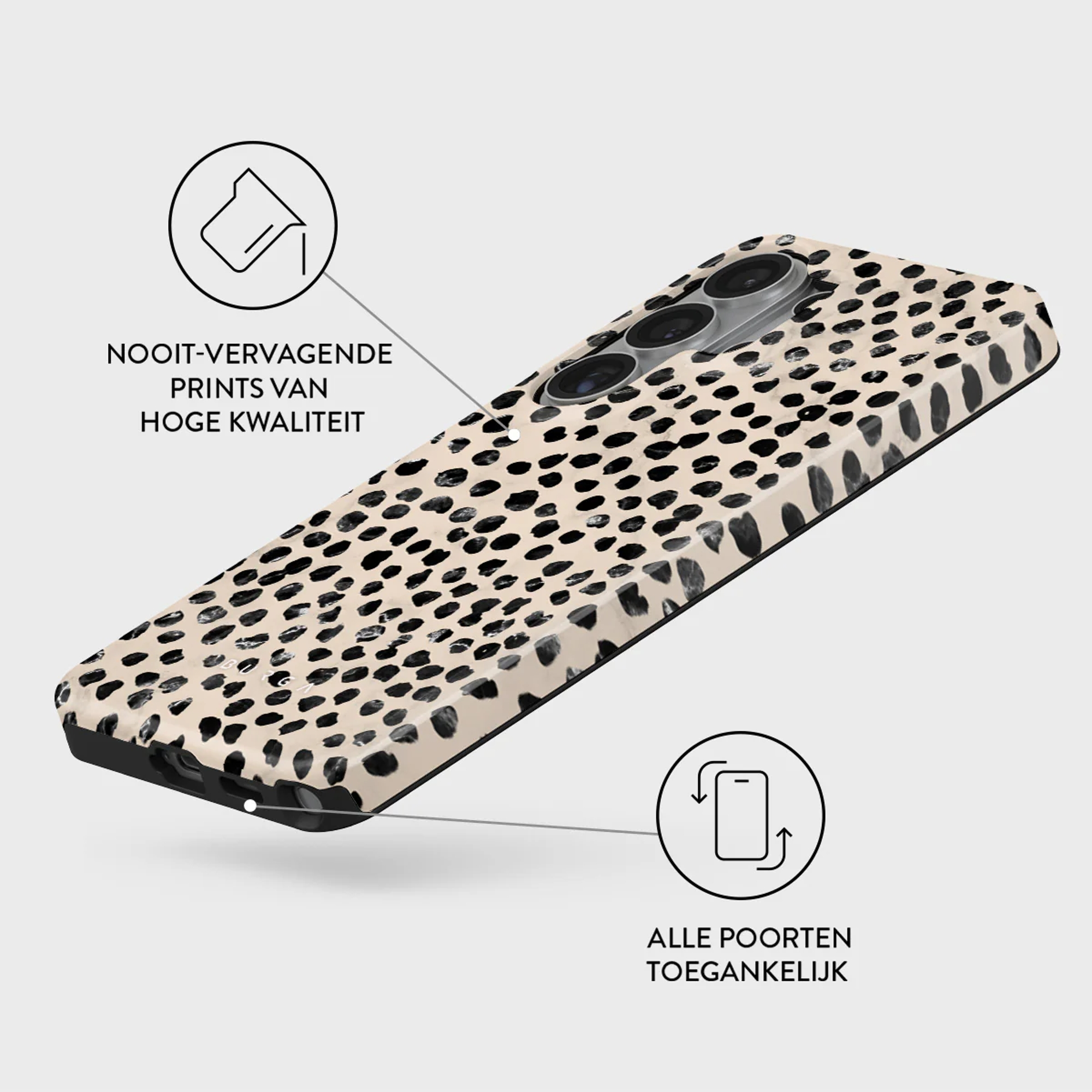 Telefoonhoesje met vlekkenpatroon en camera-uitsparing. Gemakkelijke toegang.
