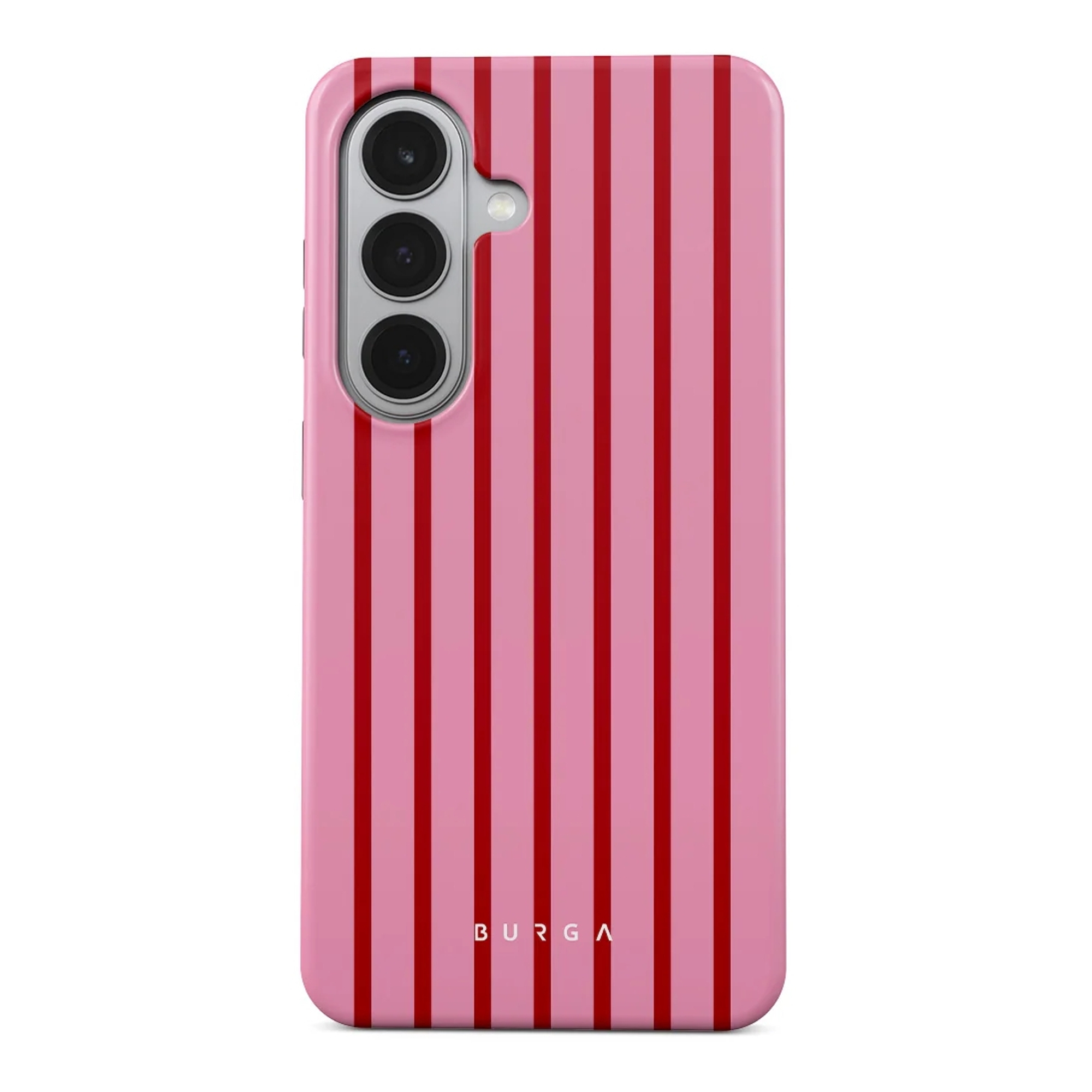 Een roze telefoonhoes met verticale rode strepen. De camera-uitsparing is zichtbaar.