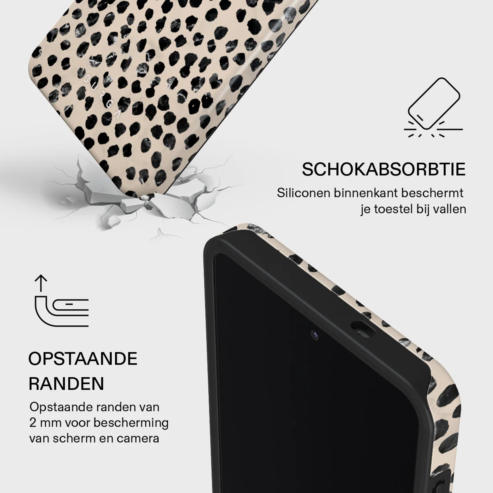Telefoonhoesje met luipaardprint, schokabsorberend en verhoogde randen.