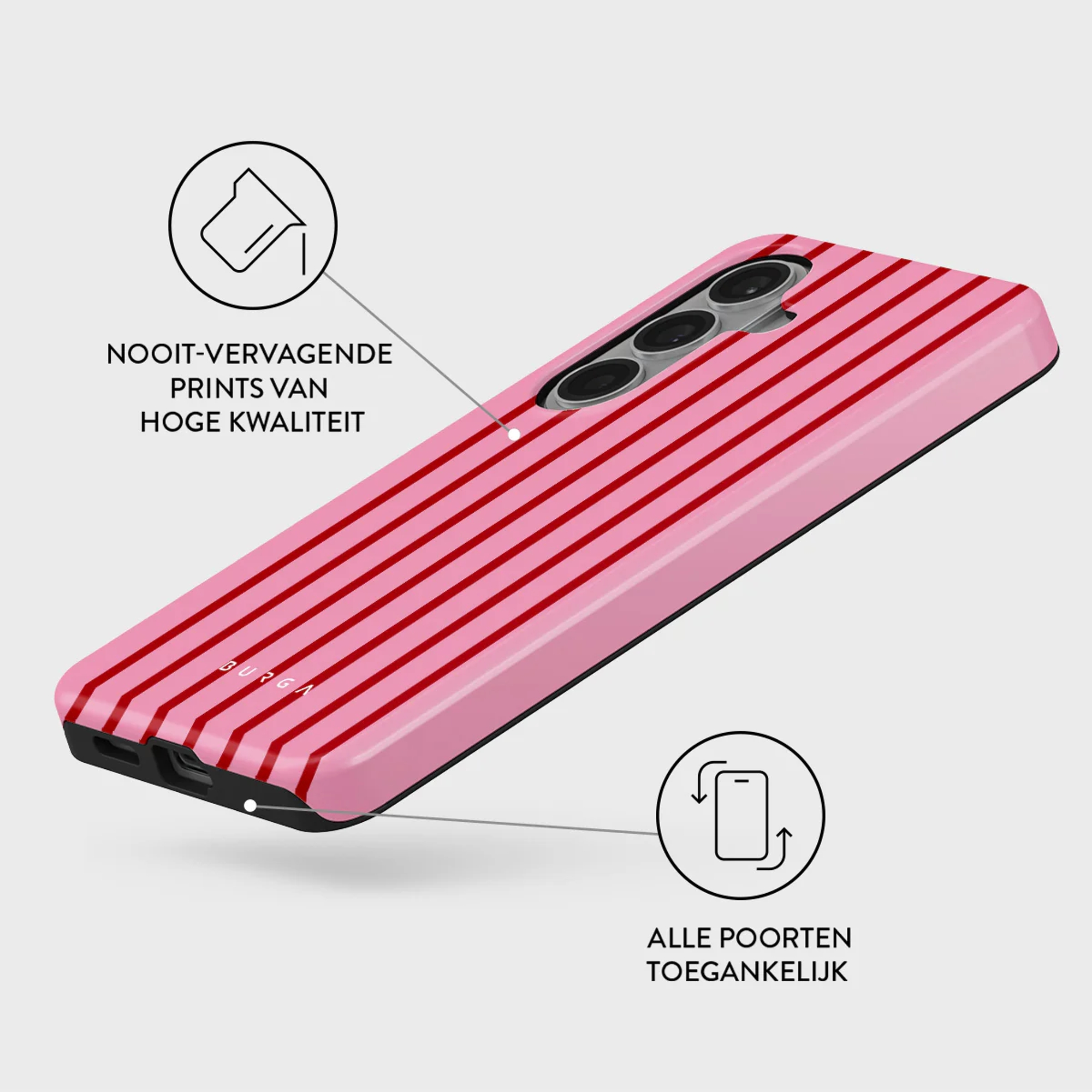 Een roze telefoonhoes met rode strepen, camera-uitsparing en logo.