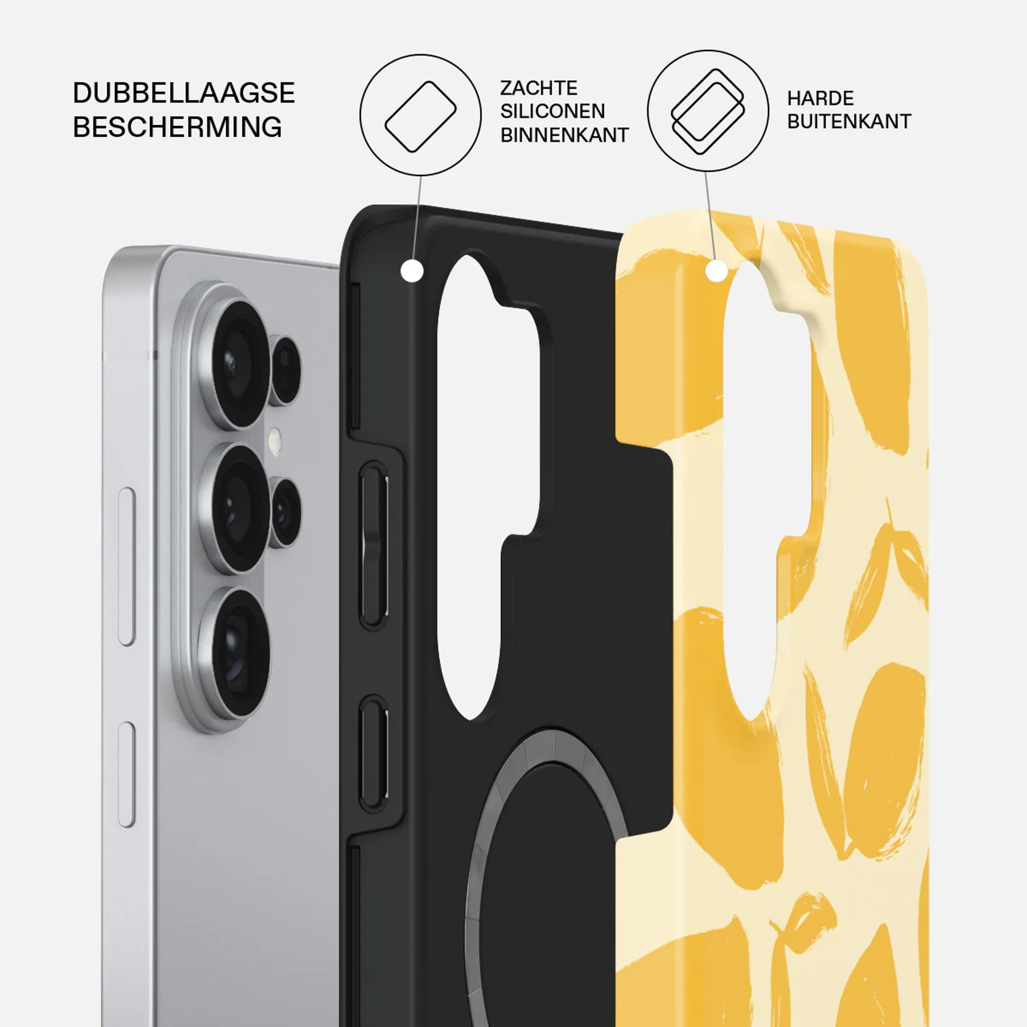 Un smartphone argenté avec un module caméra détaillé et un étui de protection détachable.