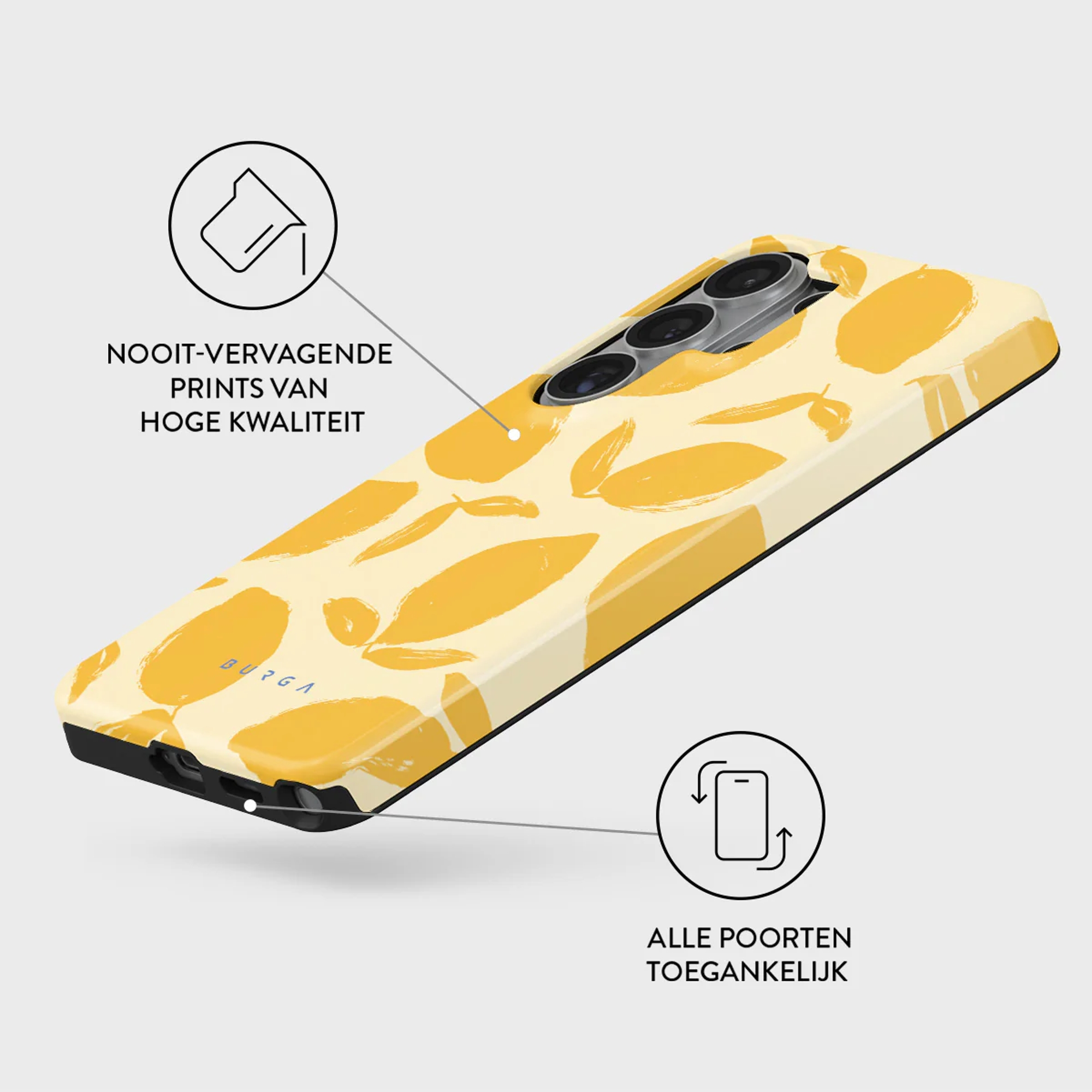 Une coque de téléphone avec des formes abstraites jaunes et blanches ressemblant à des fruits ou des feuilles.