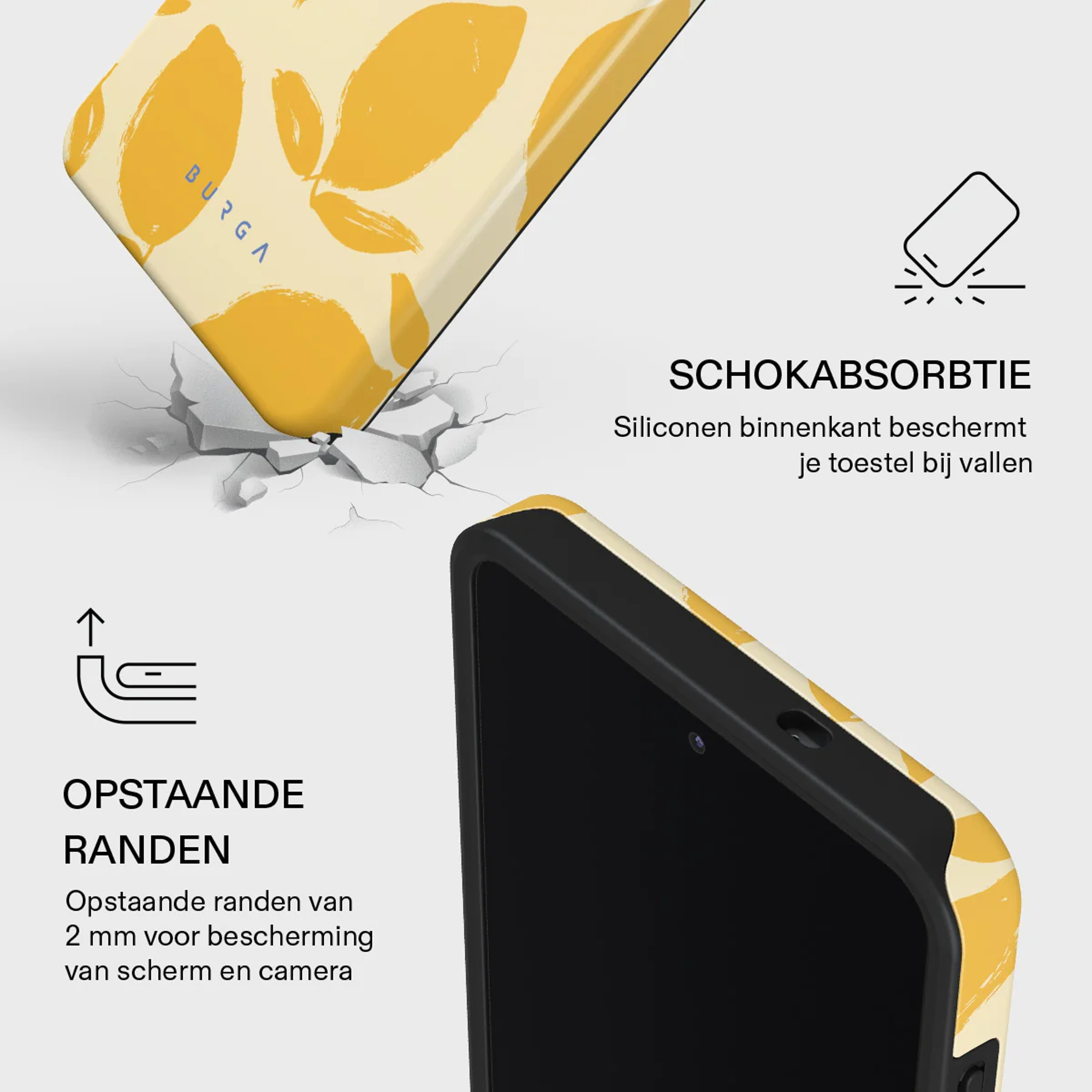 Coque de téléphone jaune à motif citron, antichoc avec bords relevés.