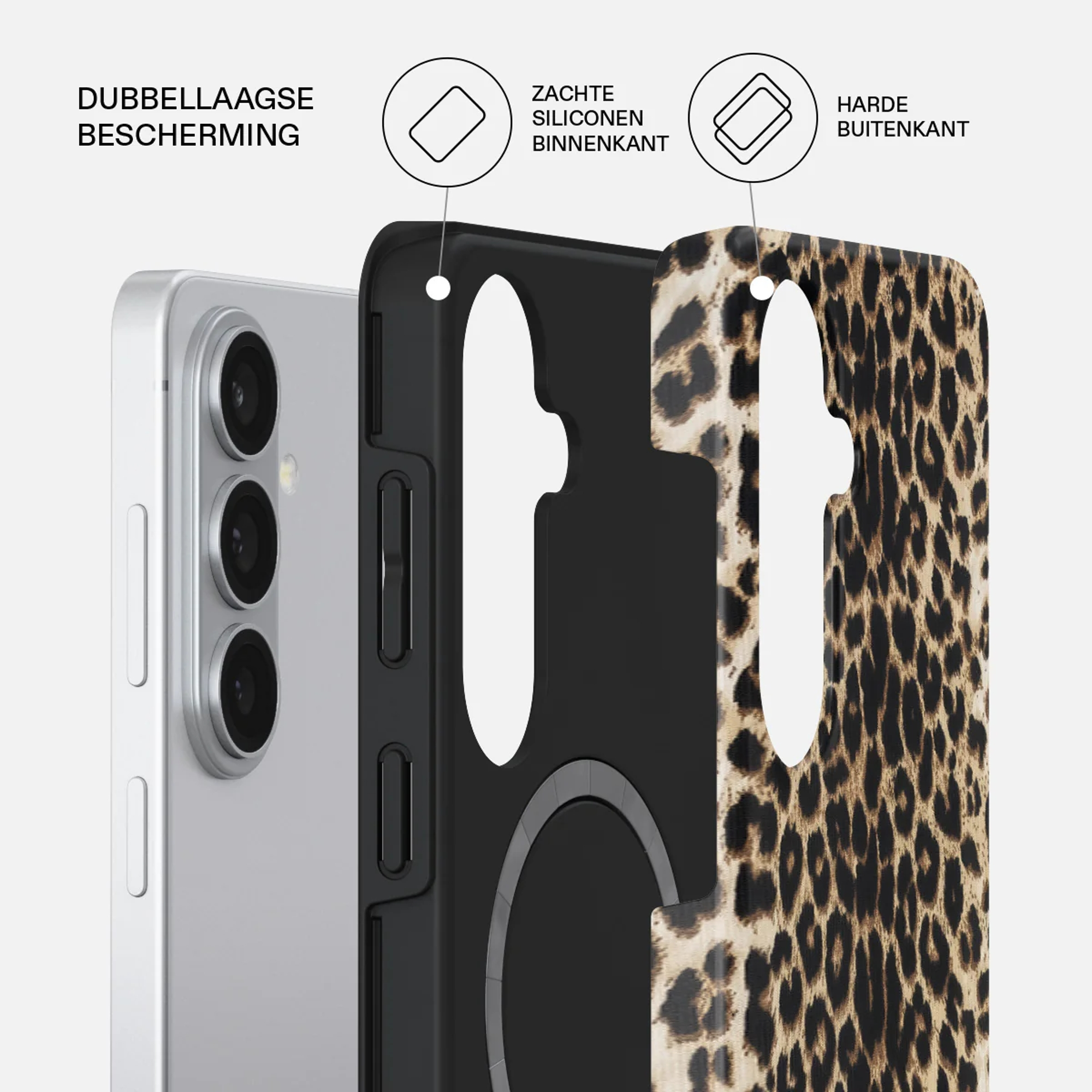 Een smartphone met luipaardprint hoesje, met dubbele beschermingslagen.