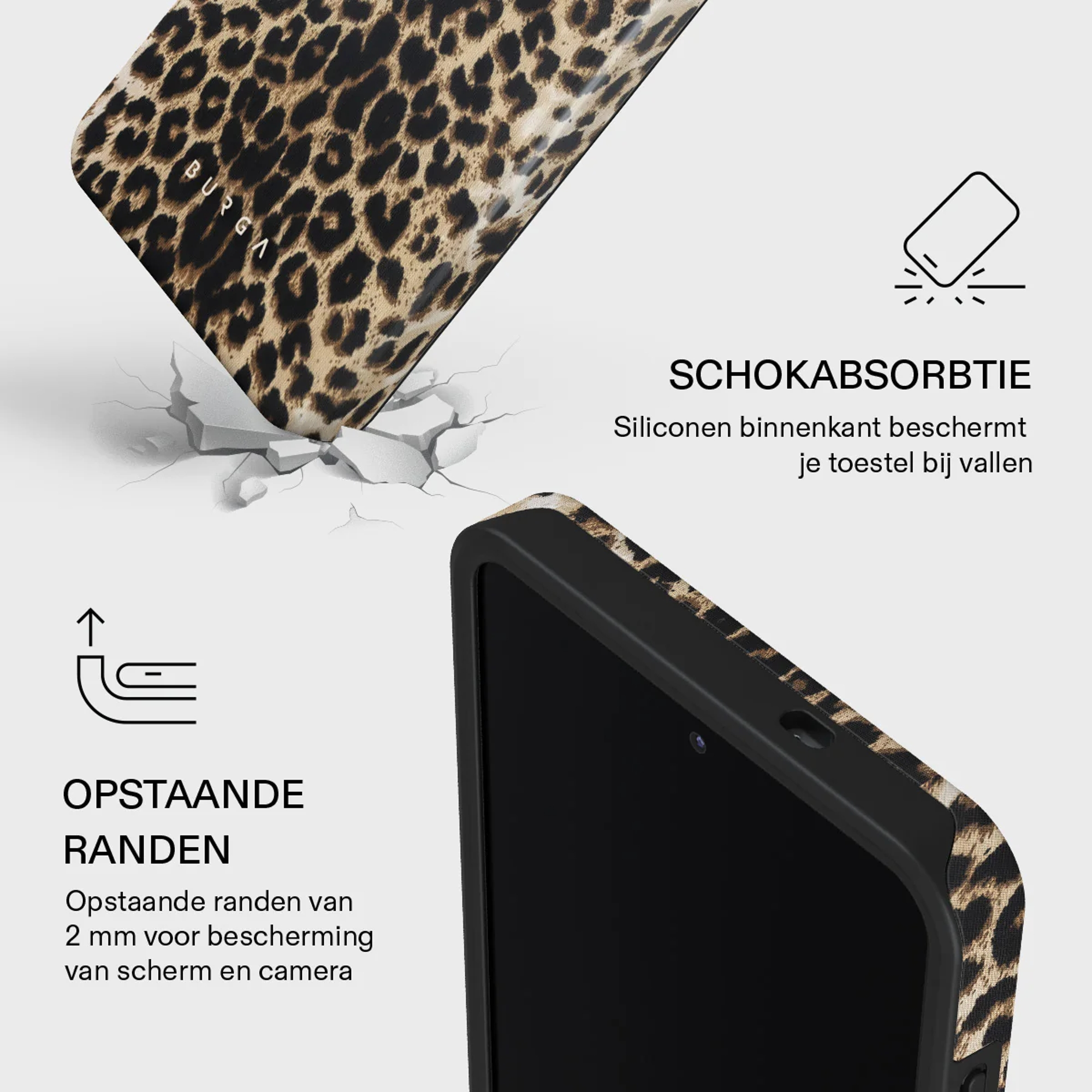 Leopardprint telefoonhoes met schokabsorberende randen voor schermbescherming.