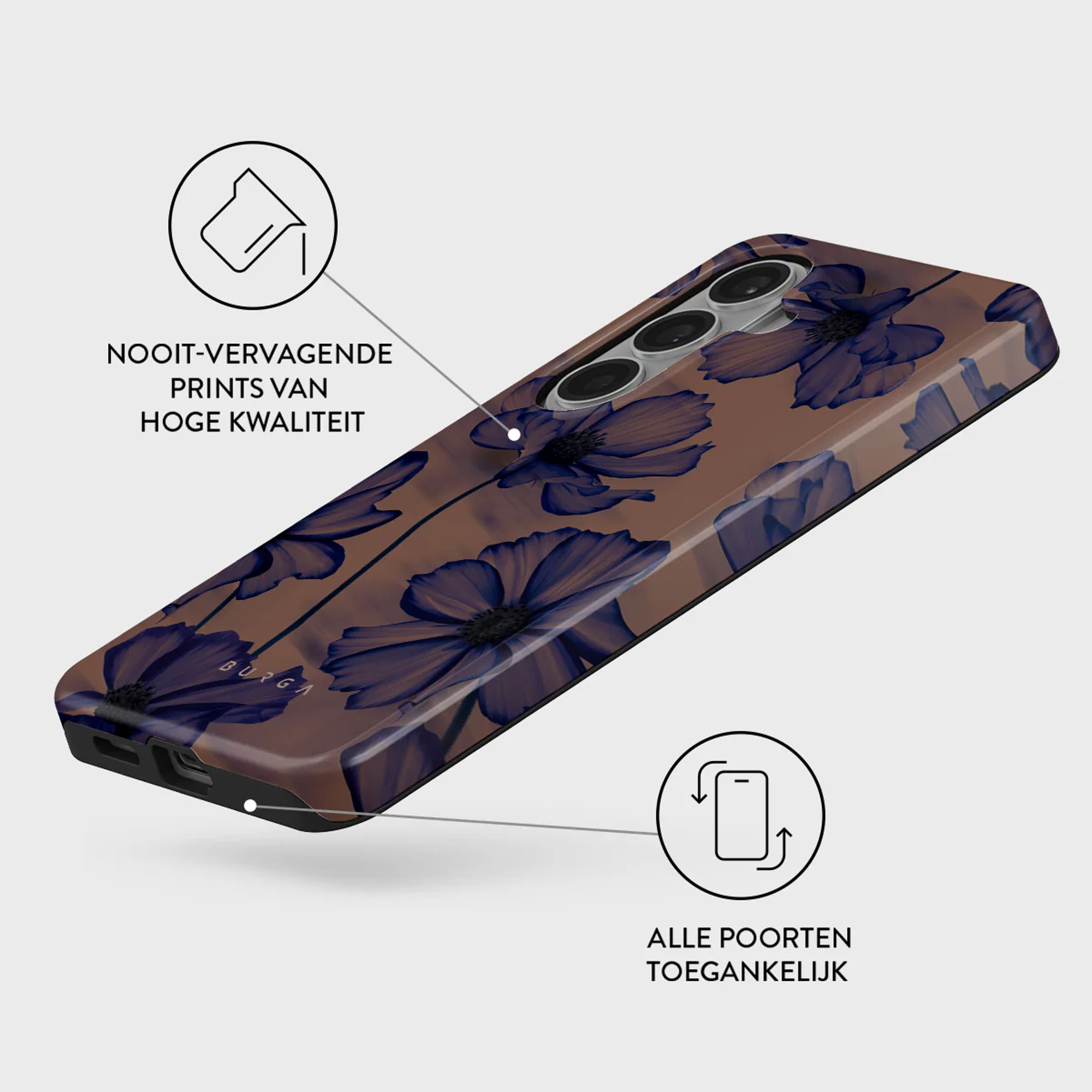 Bruine telefoonhoes met donkerblauw bloemenpatroon. Camera en poorten zichtbaar.