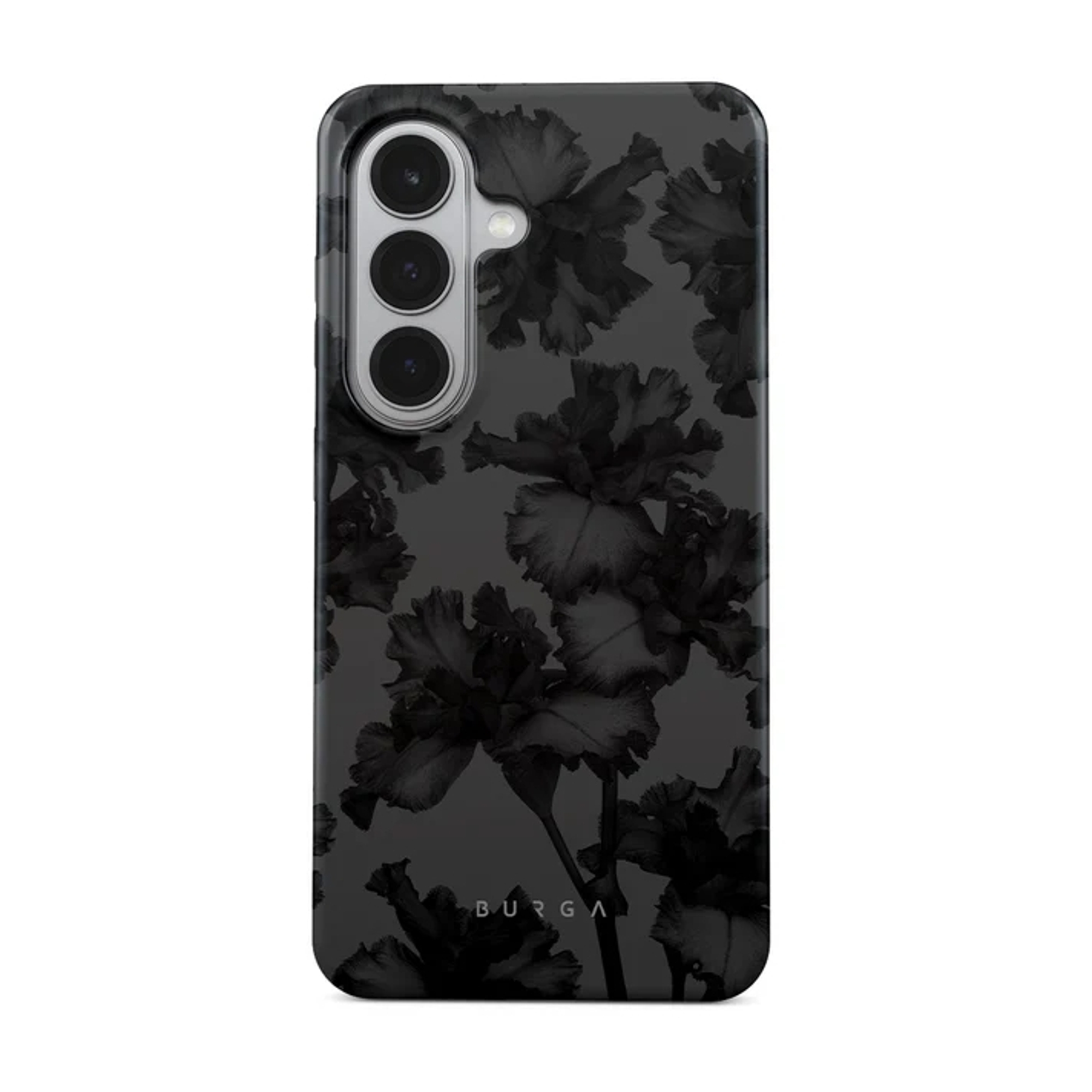 Een zwart telefoonhoesje met een donker bloempatroon en drie cameralenzen.
