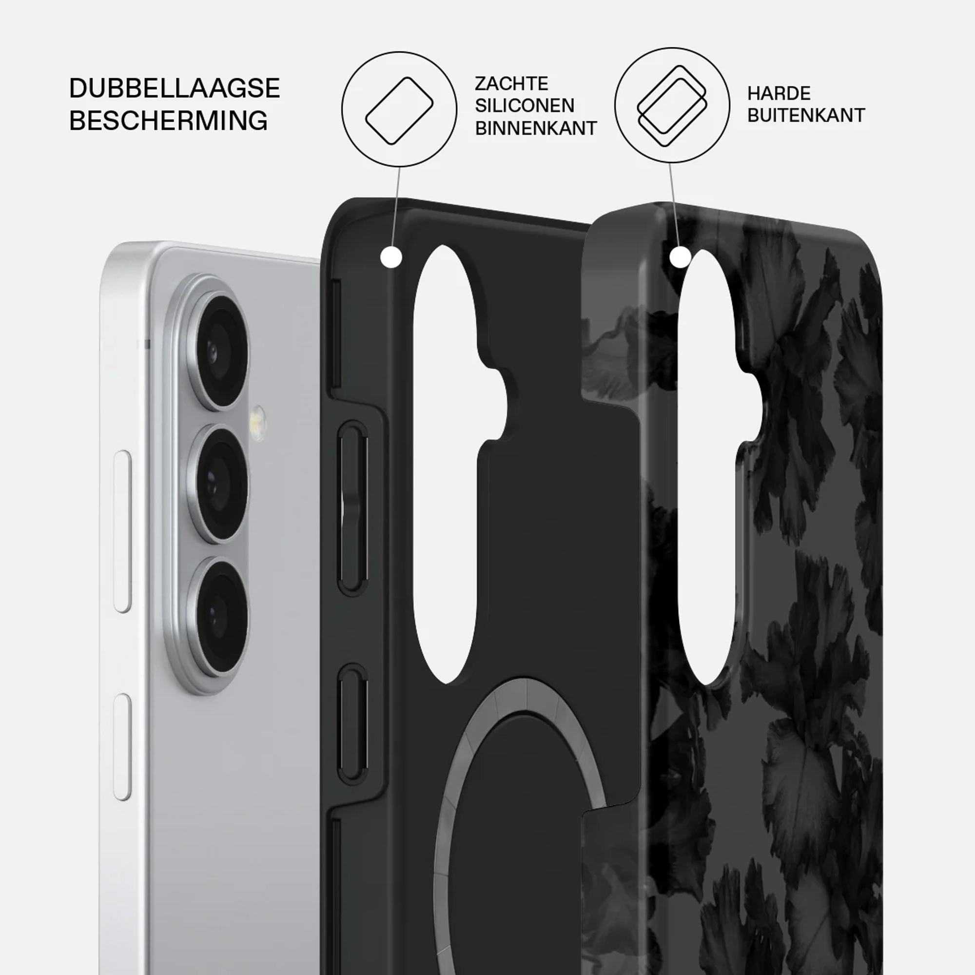 Een telefoon met drie camera's naast een zwarte telefoonhoes met bloemenprint.