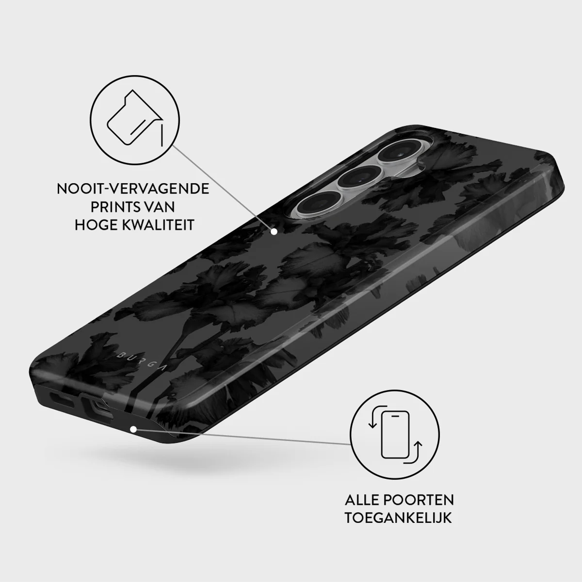 Zwarte telefoonhoes met bloemenpatroon en camerapot. Iconen en tekst ernaast.