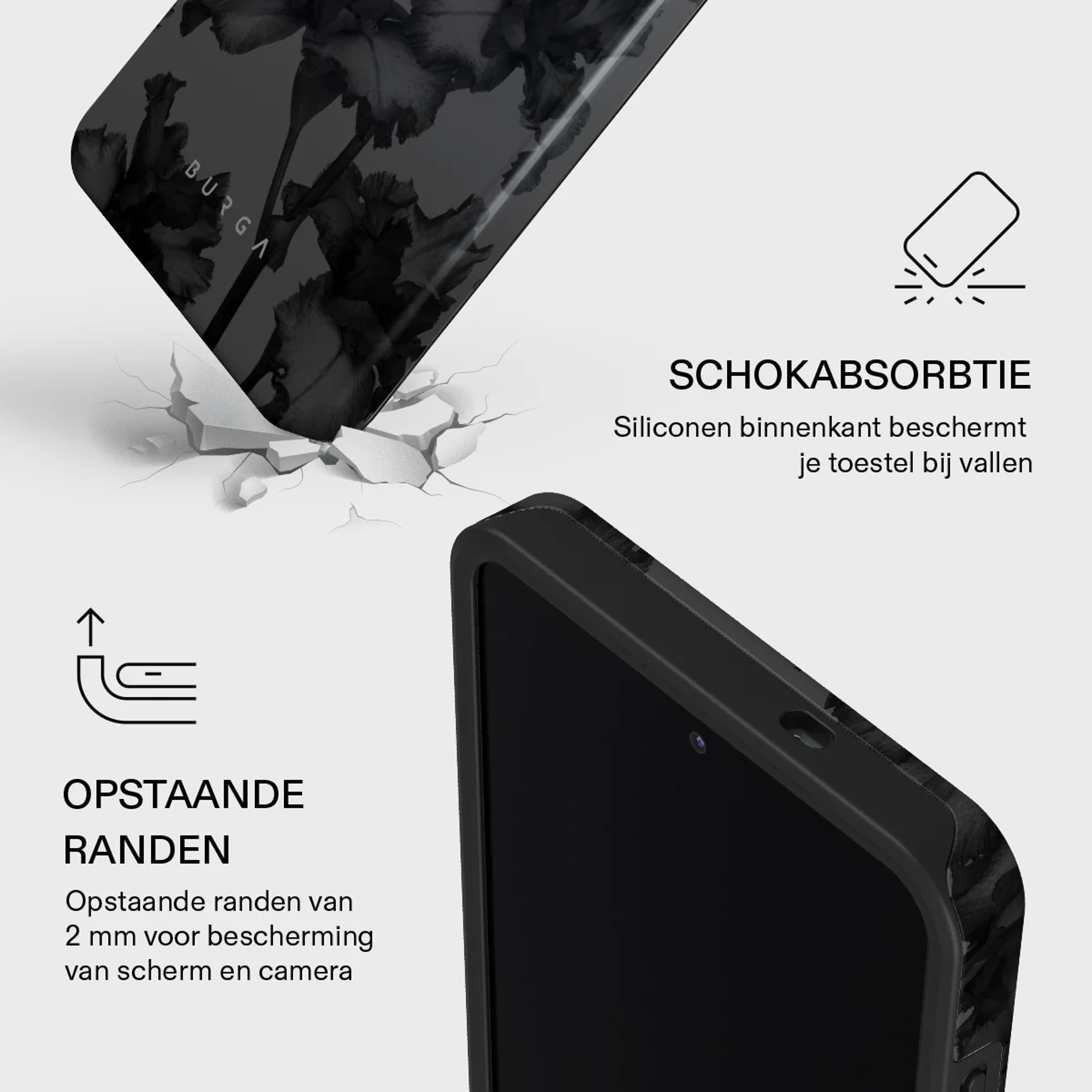 Telefoonhoes met bloemenpatroon, schokabsorptie en verhoogde randen.