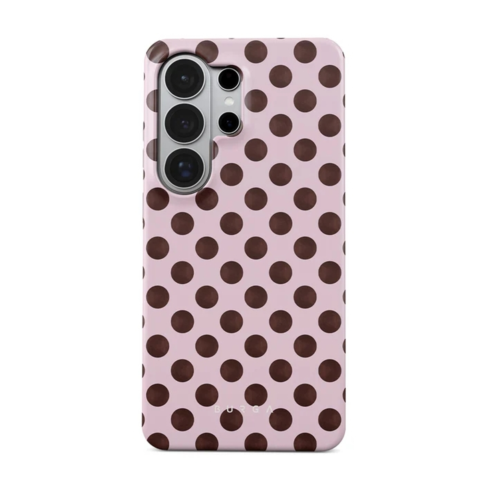 Een roze telefoonhoes met bruine stippen en cameramodule.