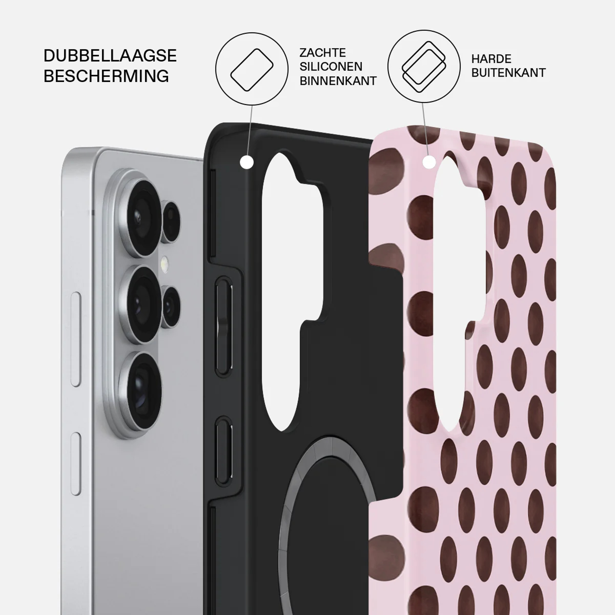 Zilveren telefoon met detail van zwart en roze telefoonhoesje.