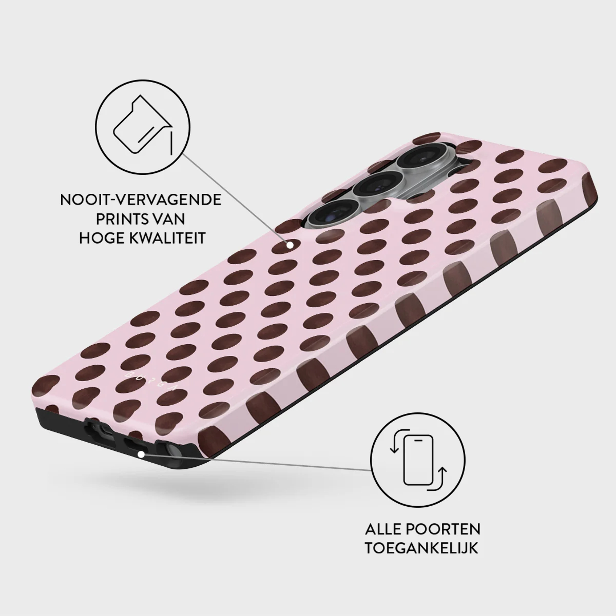 Een lichtroze telefoonhoes met bruine stippen en camera-uitsparing.