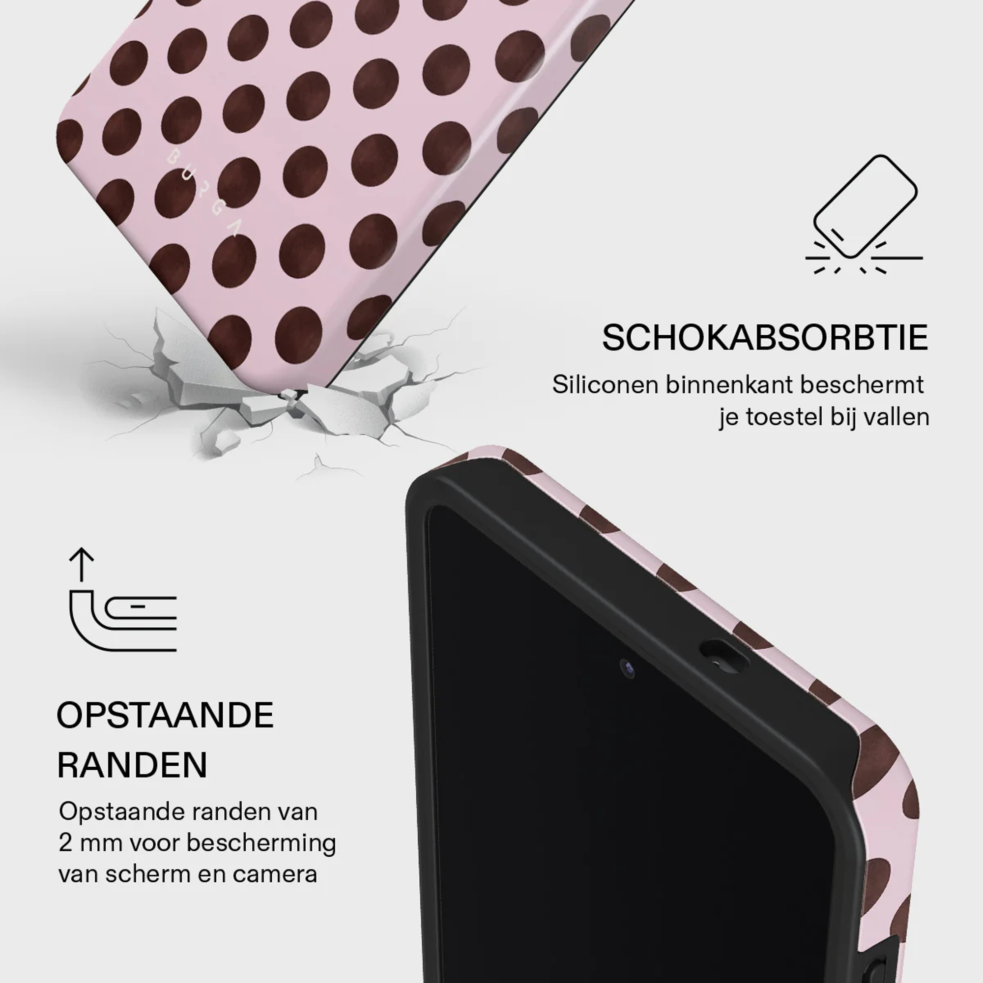 Telefoonhoesje met roze stippen en valbescherming.