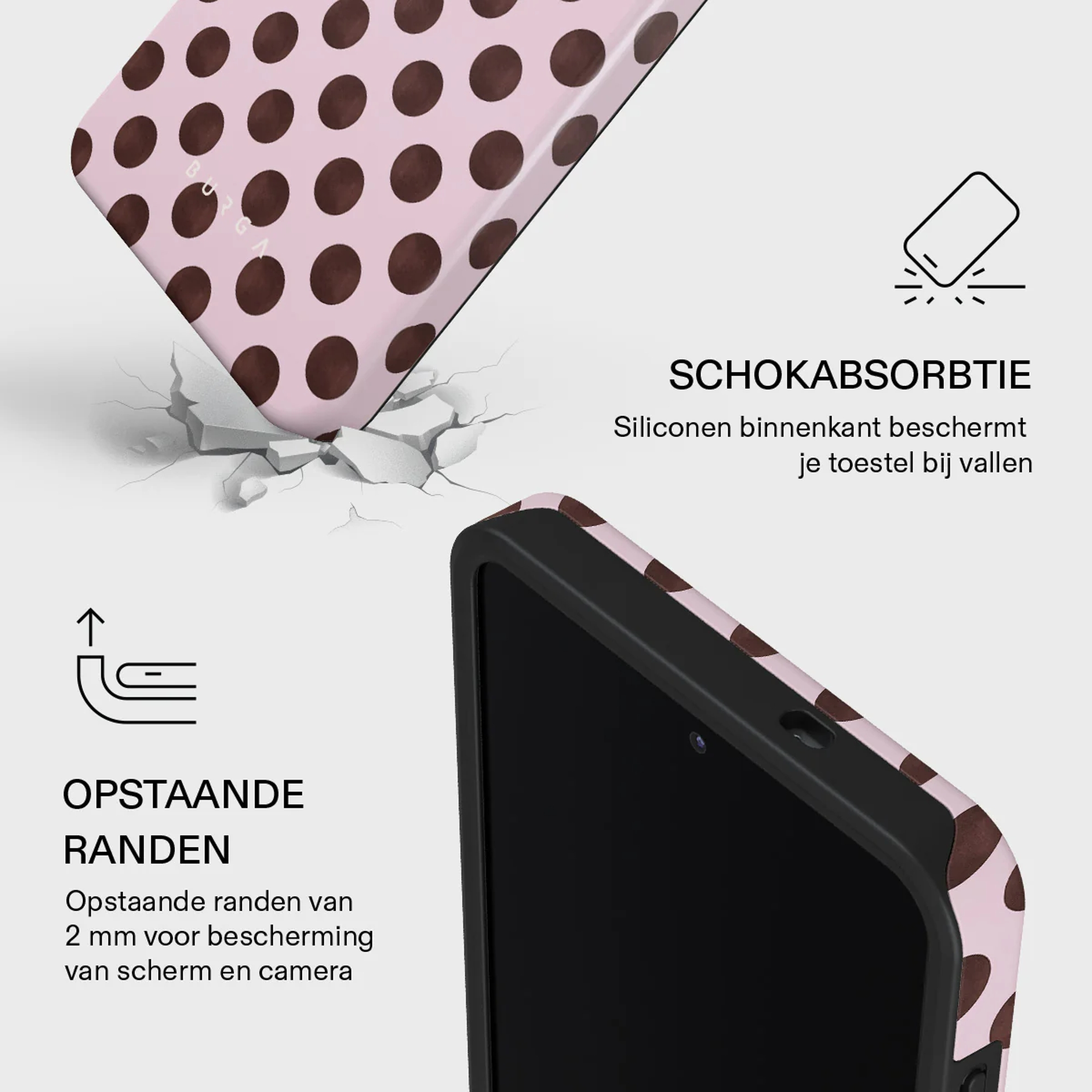 Roze hoesje met bruine stippen, schokabsorberend en verhoogde randen.