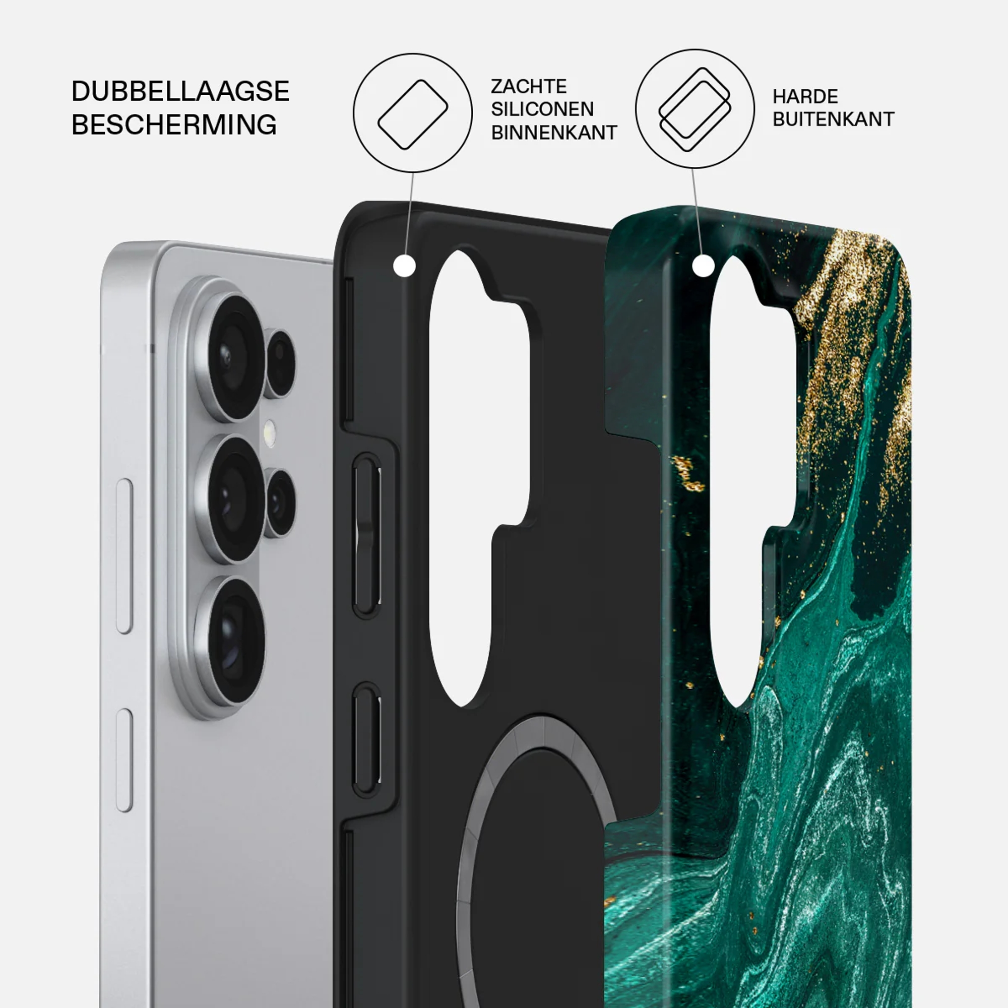Silver phone with a green marble glitter phone case. "Dual-layer protection".