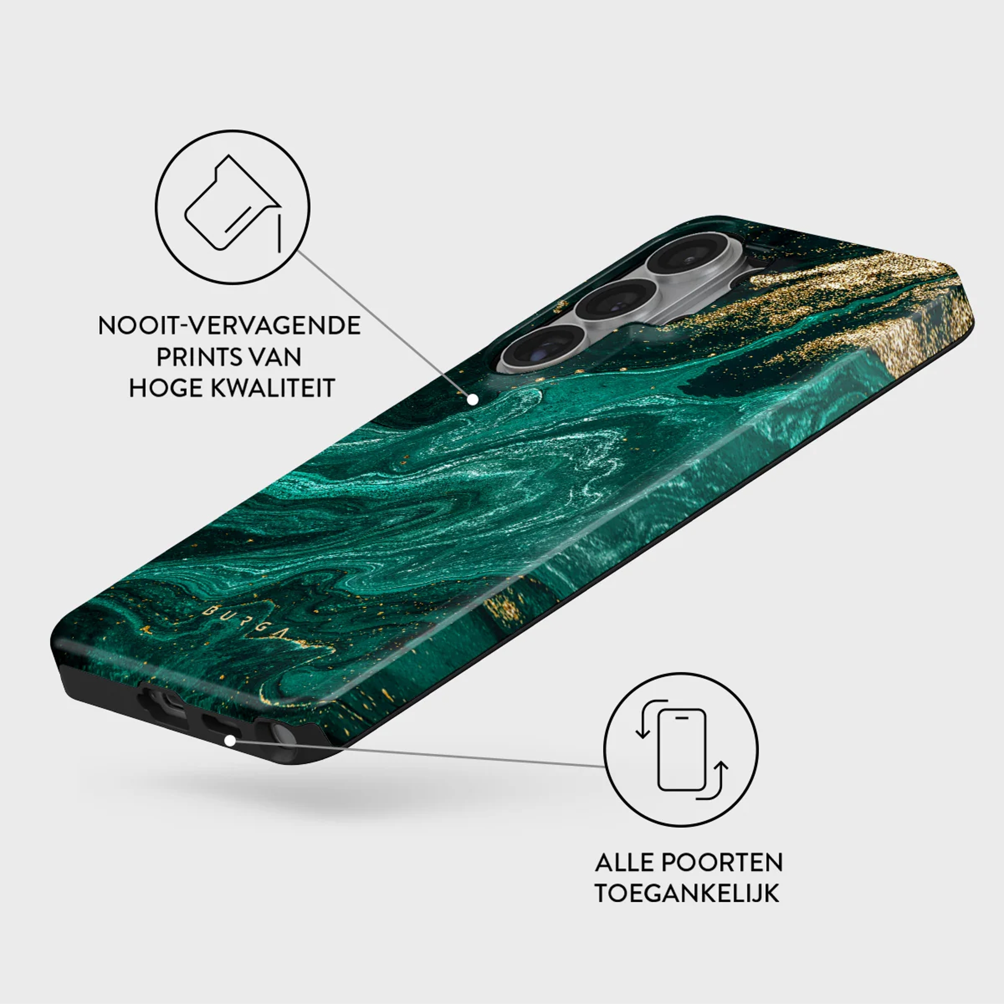Green marble phone case with gold accents, showing camera module.
