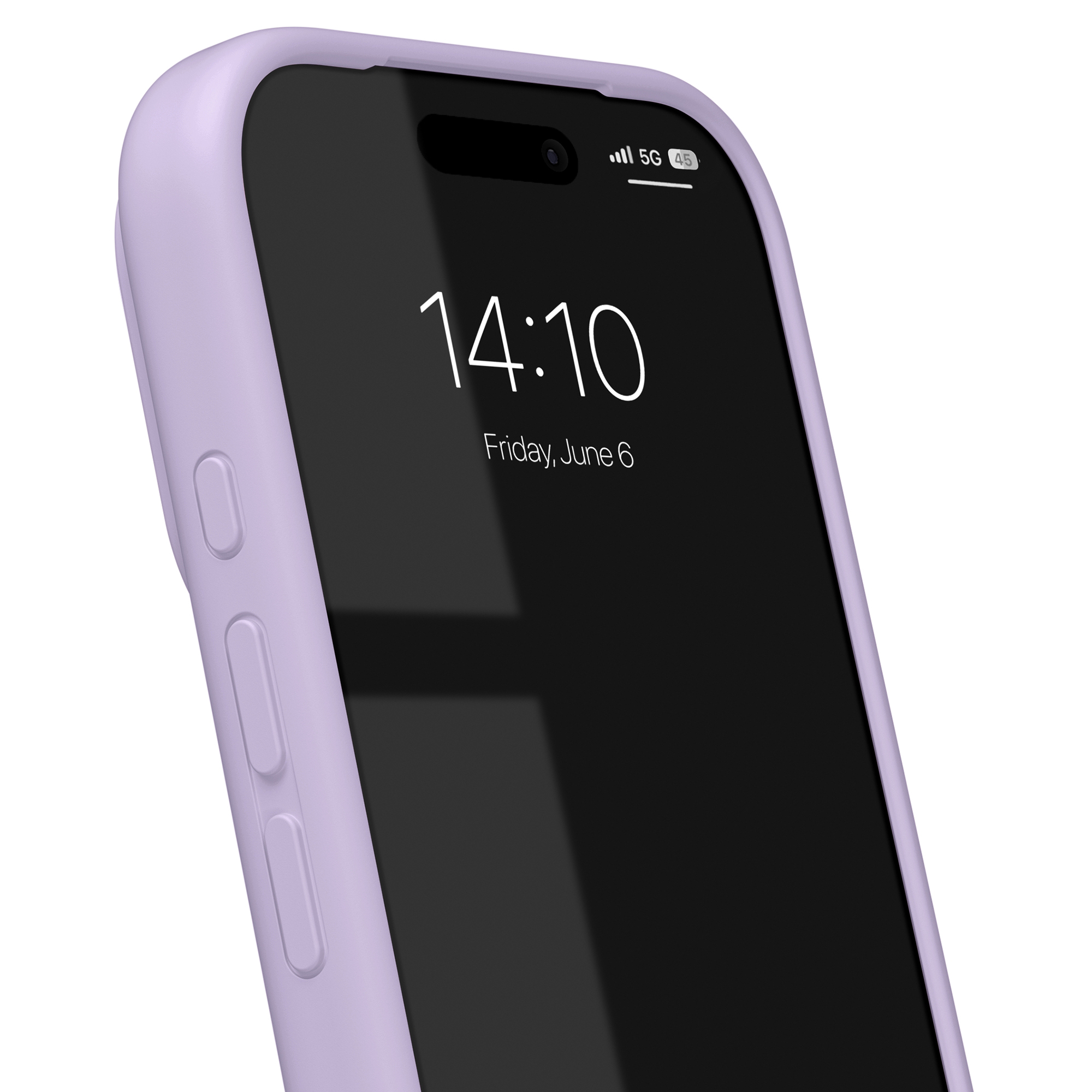 Ein lila iPhone mit einem schwarzen Bildschirm, der 14:10 Uhr anzeigt.