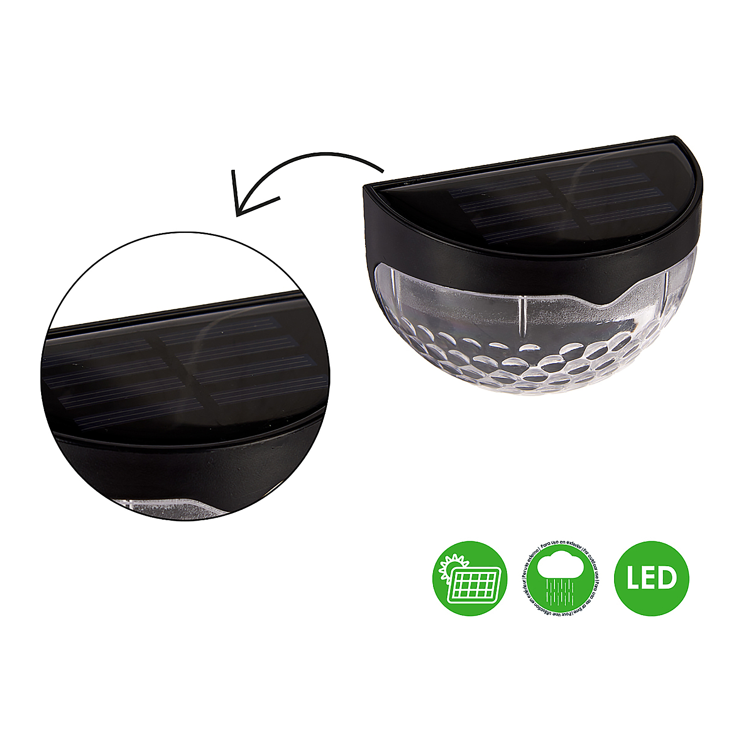 Luz solar negra con carcasa transparente de panal e icono LED.