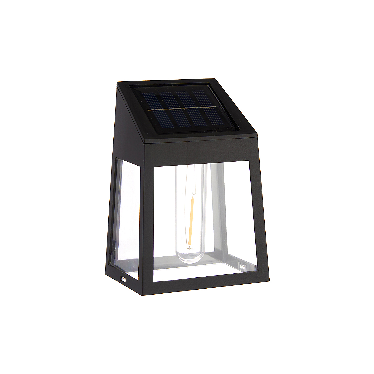Una linterna solar negra con paneles de vidrio y bombilla visible.