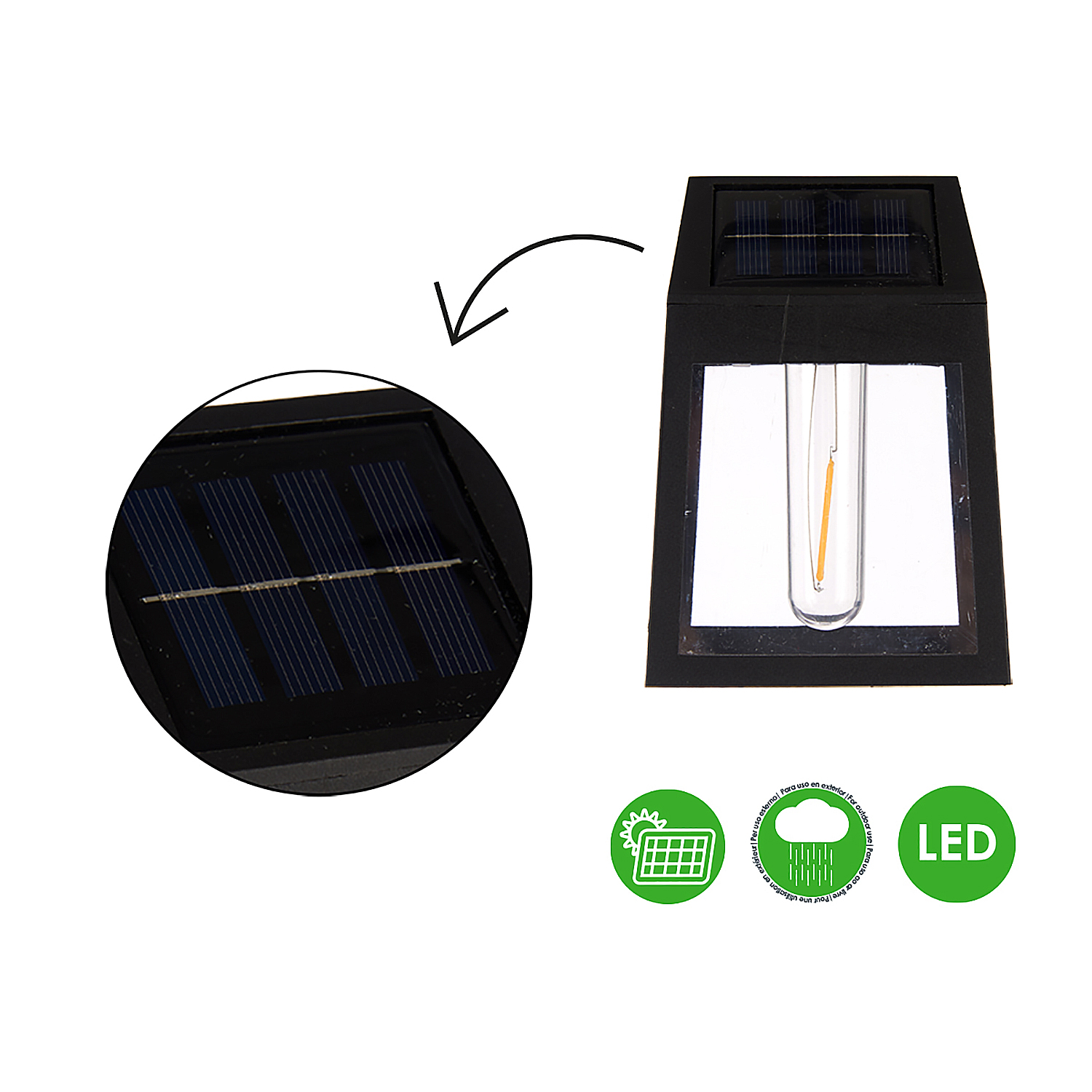Luz solar negra con cilindro de vidrio e iconos: sol, lluvia, LED.
