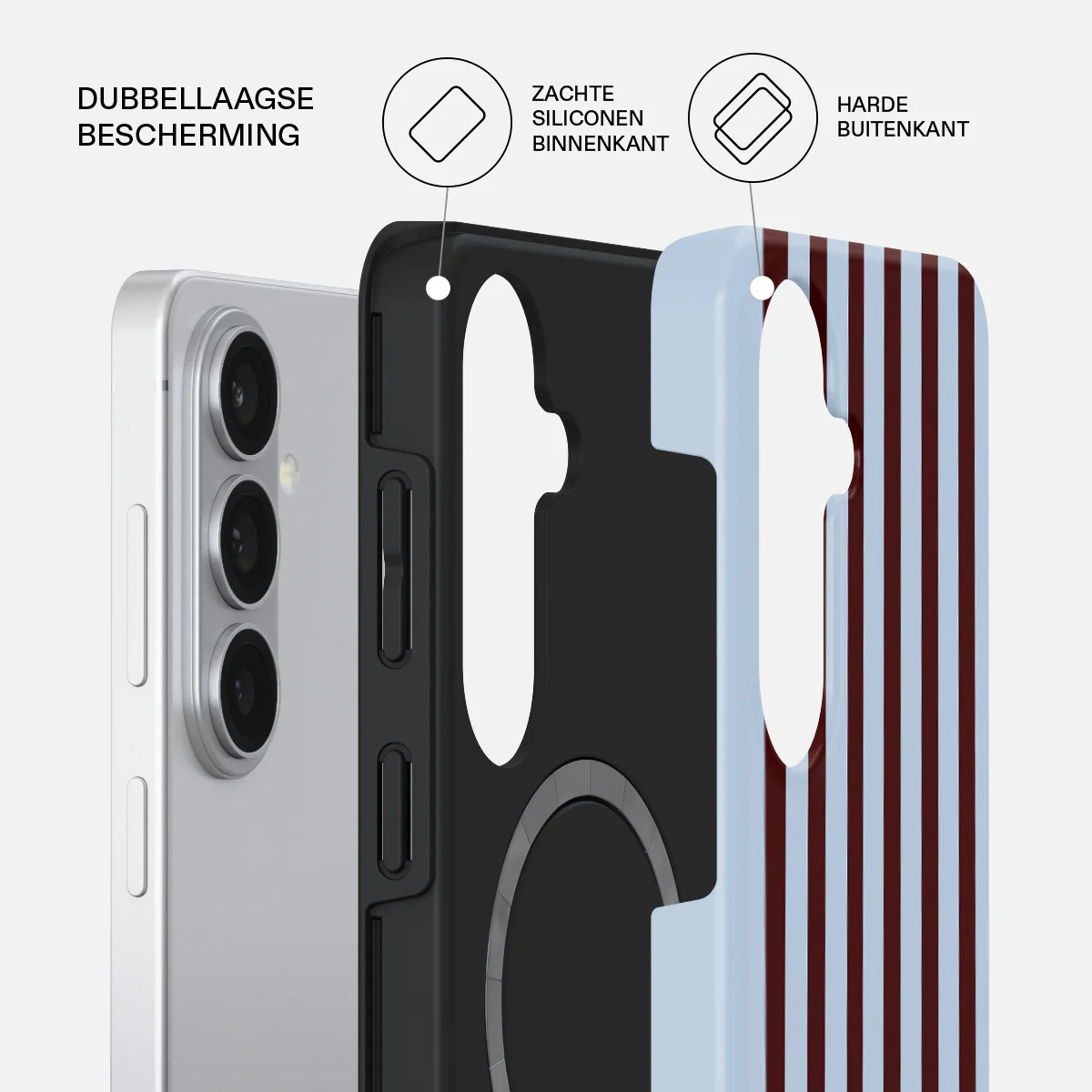 Explosietekening van een gestreepte telefoonhoes met dubbele beschermingslaag.