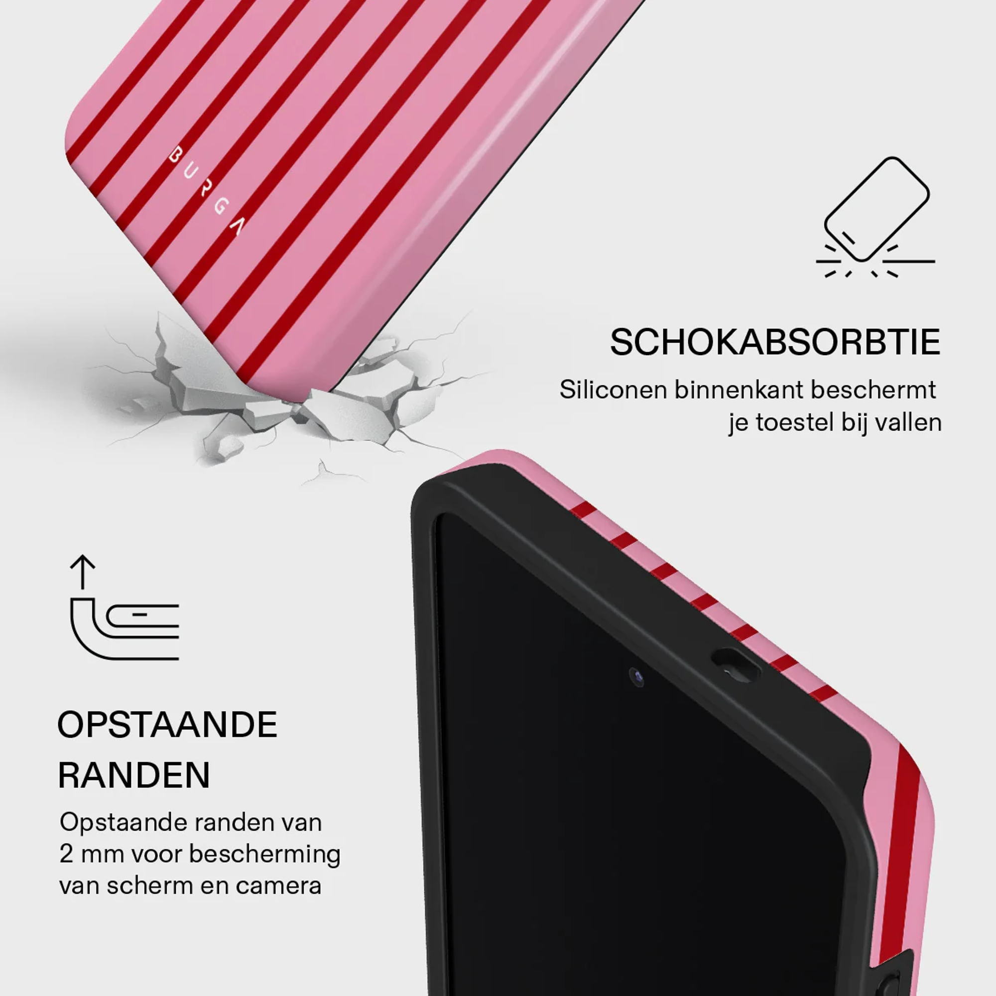 Roze hoes met rode strepen, telefoon scherm, schokabsorberende binnenkant.