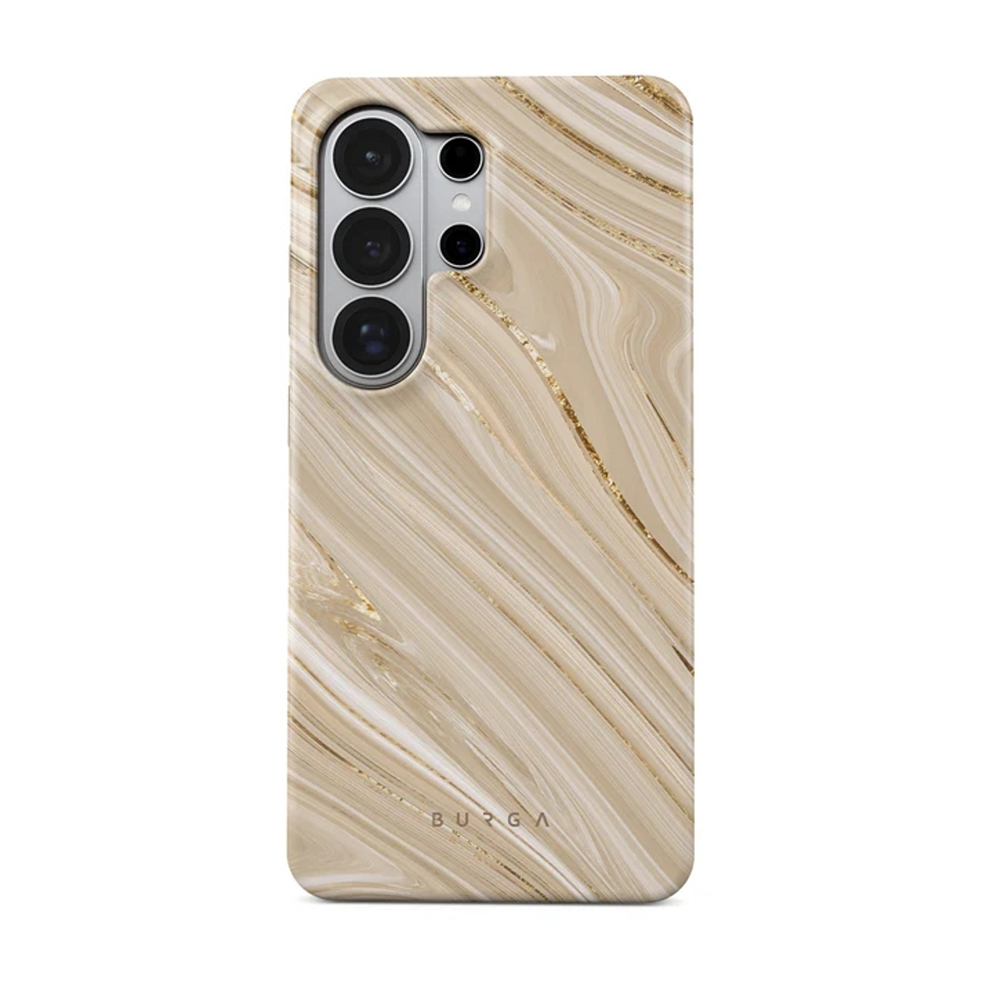 Een telefoonhoesje met beige en goud marmerpatroon, met camerauitsnede.